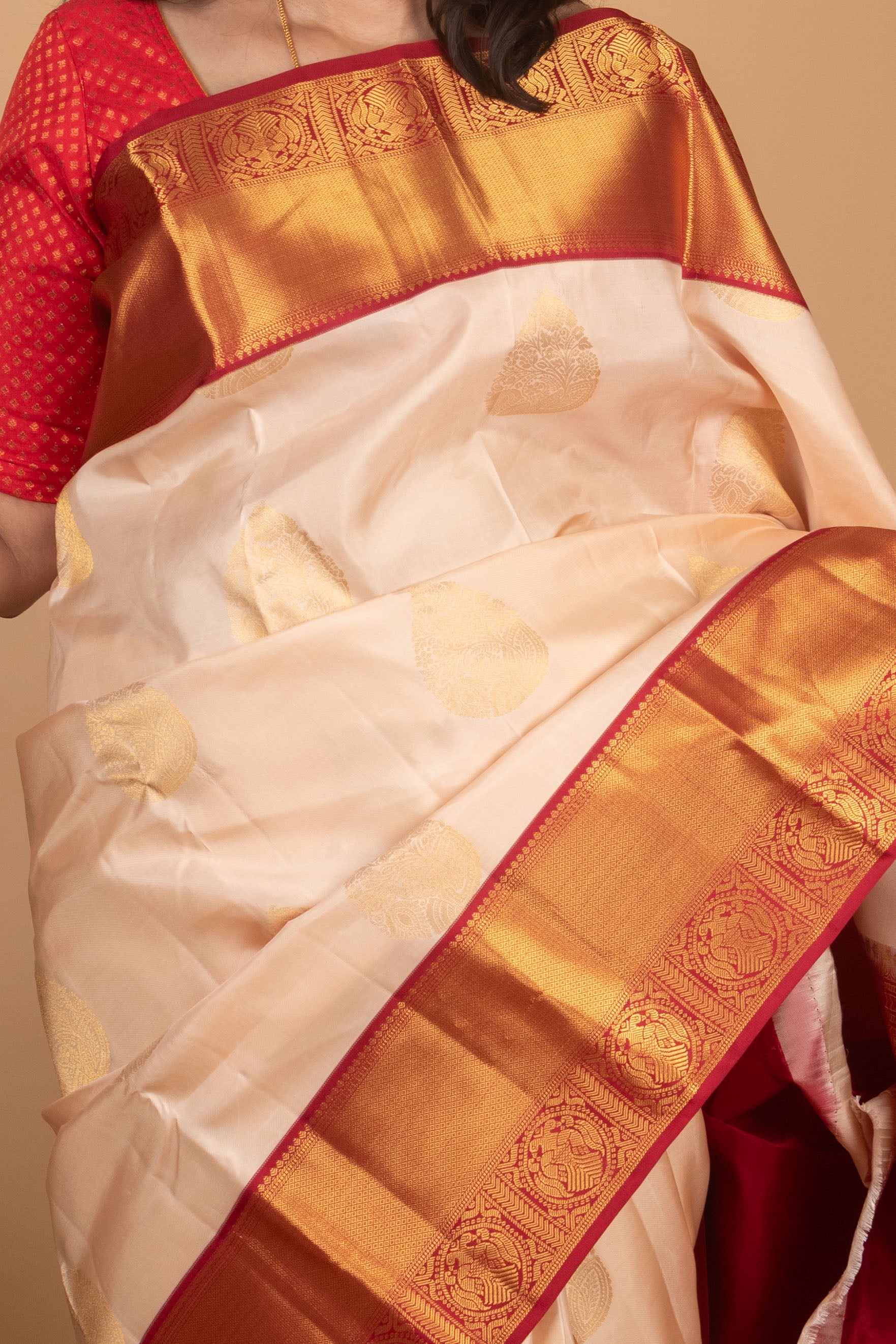 White Chocolate and Crimson Traditional Pure Kanjivaram Silk Saree