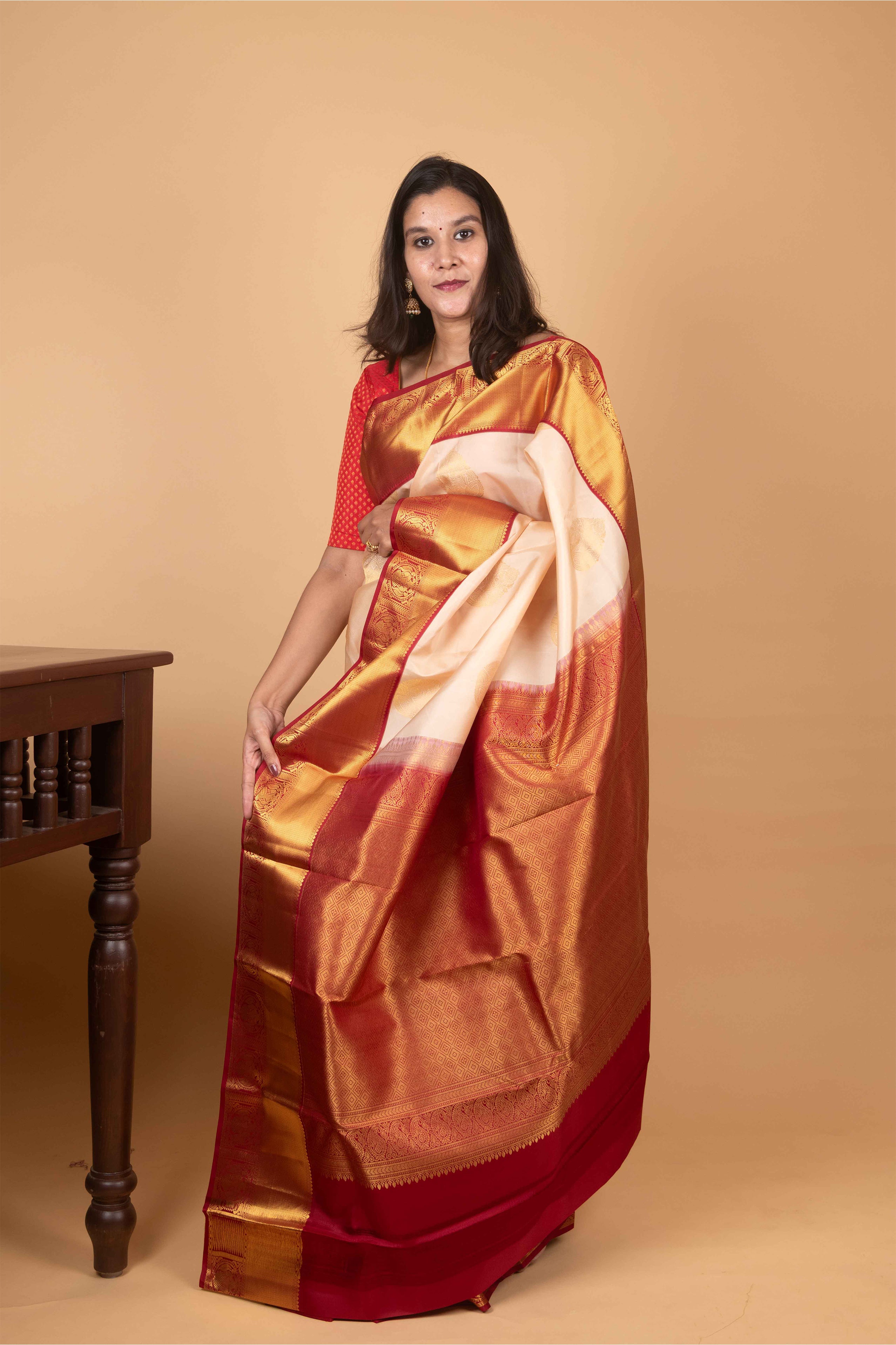 White Chocolate and Crimson Traditional Pure Kanjivaram Silk Saree