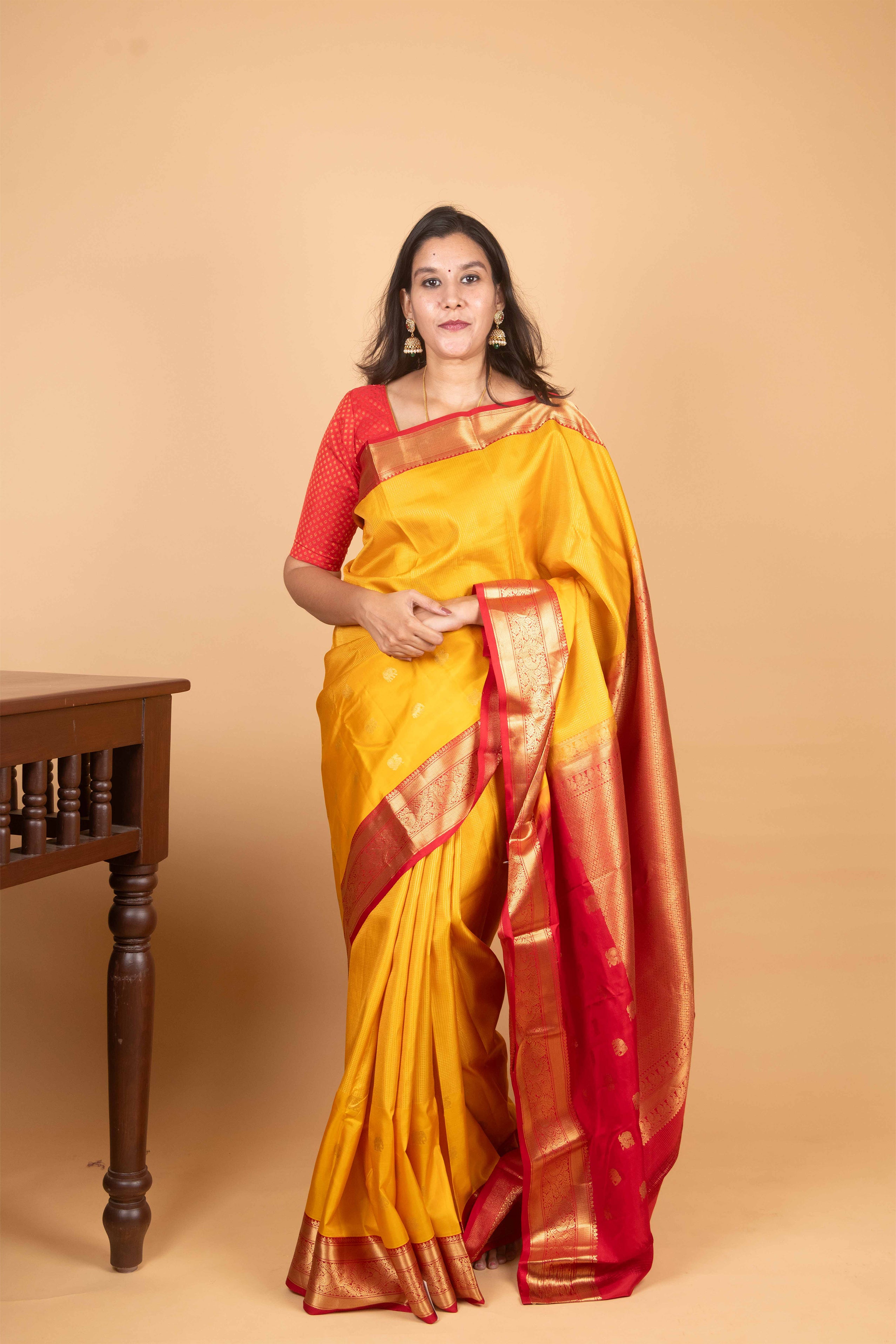 Amber Yellow and Persian Red Korvai Pure Kanjivaram Silk Saree