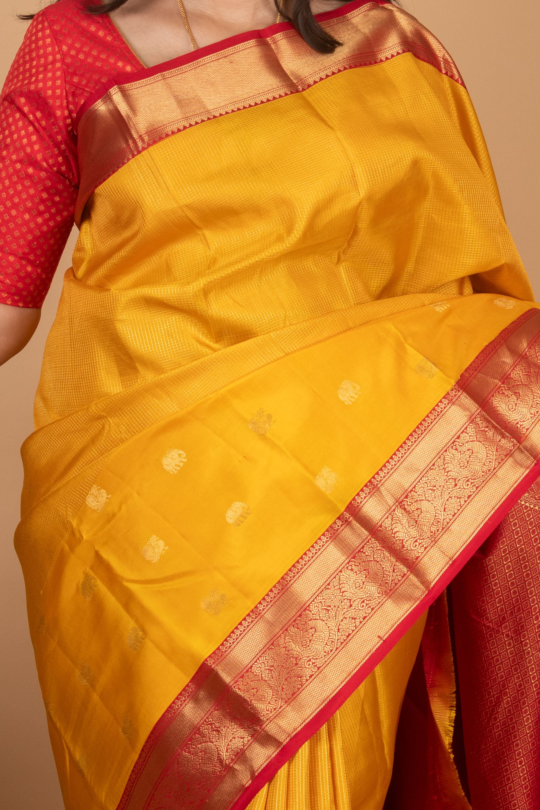 Amber Yellow and Persian Red Korvai Pure Kanjivaram Silk Saree