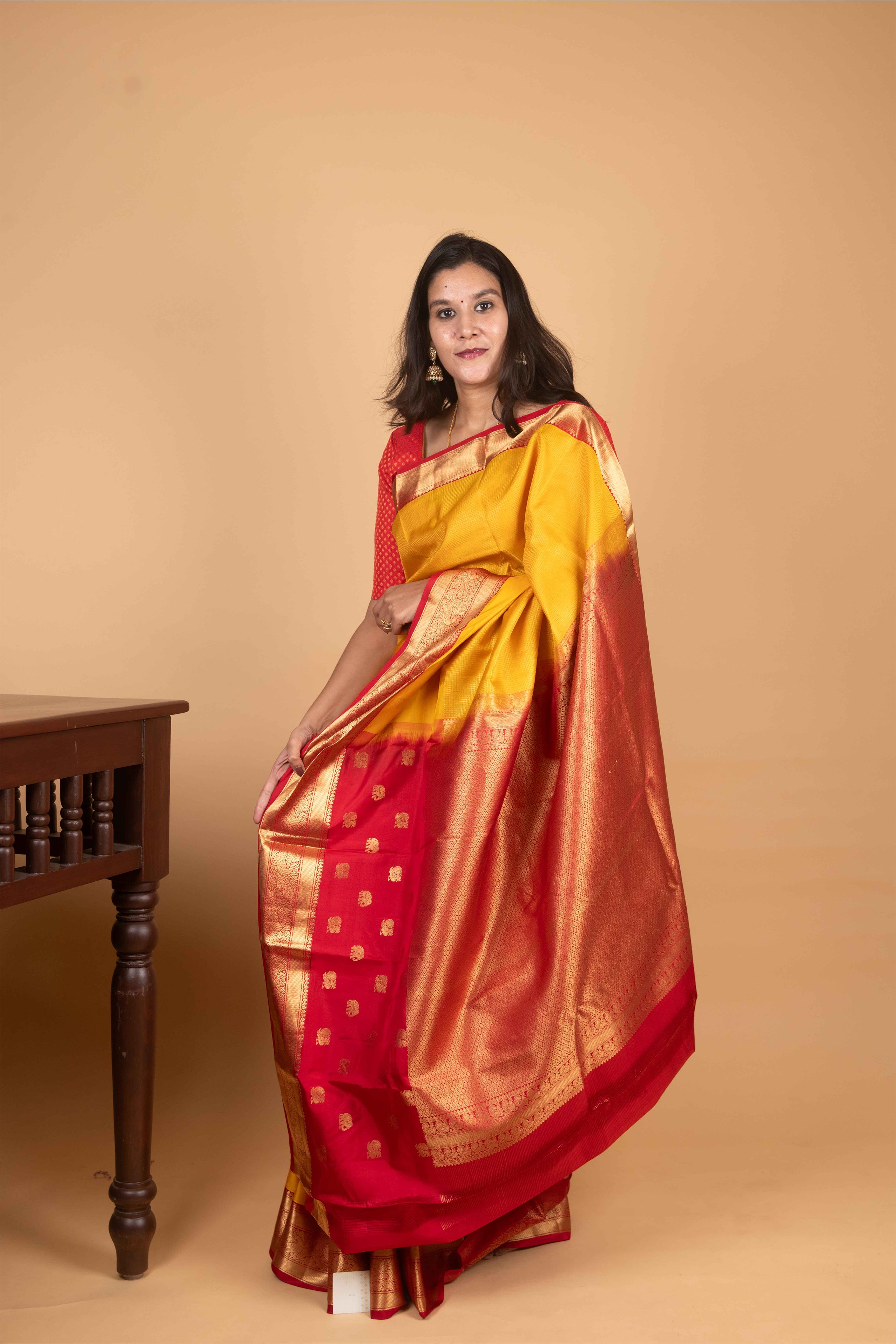 Amber Yellow and Persian Red Korvai Pure Kanjivaram Silk Saree