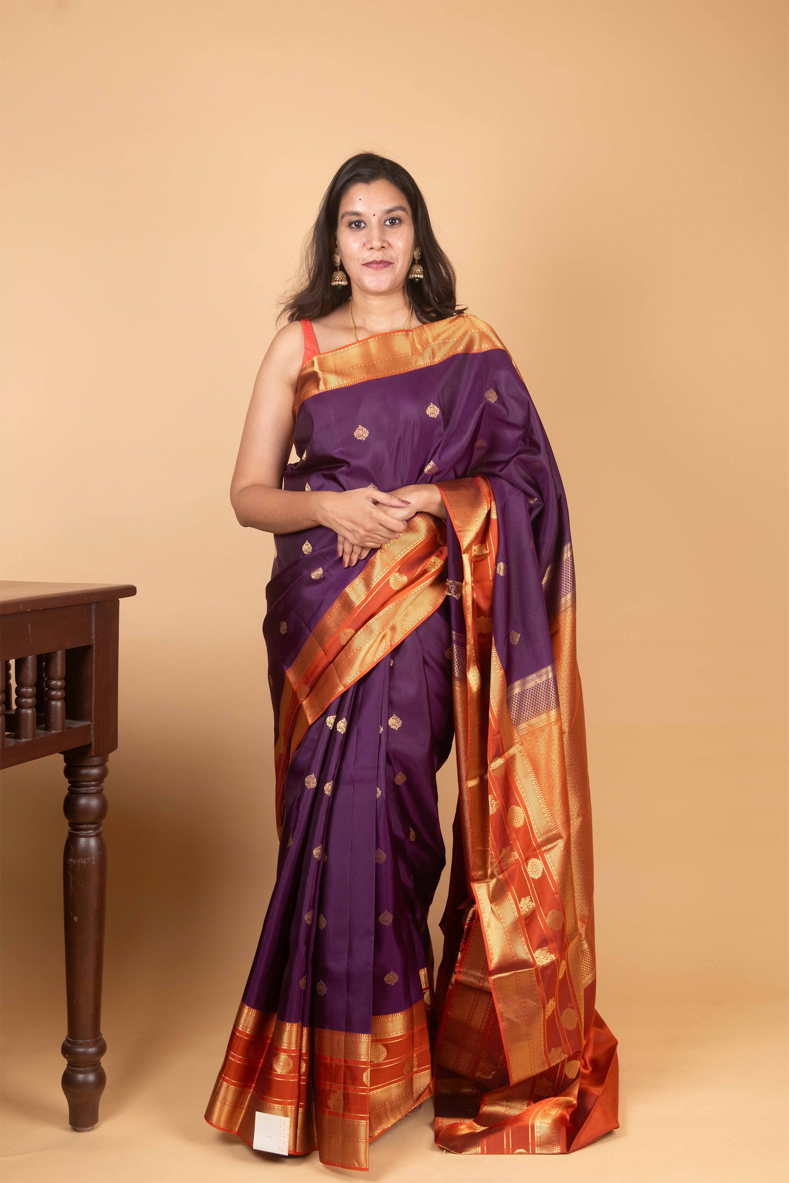 Eggplant Purple and Rust Orange Traditional Pure Kanjivaram Silk Saree