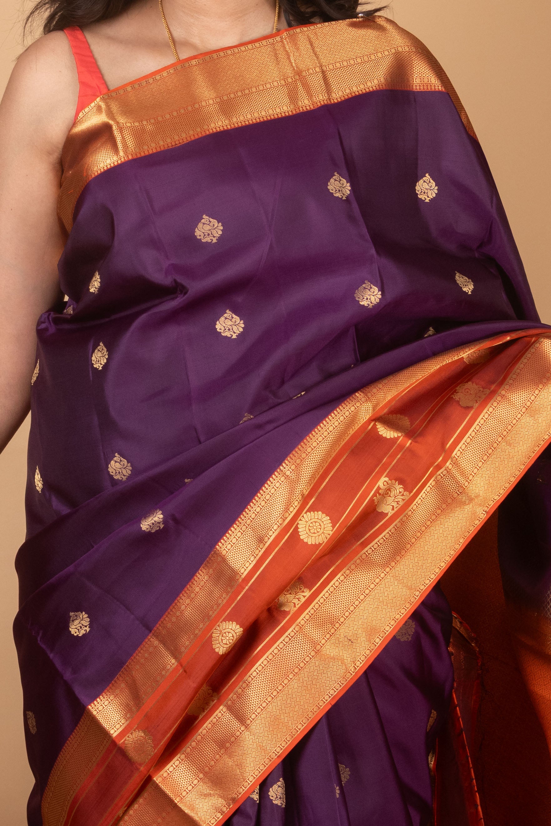 Eggplant Purple and Rust Orange Traditional Pure Kanjivaram Silk Saree