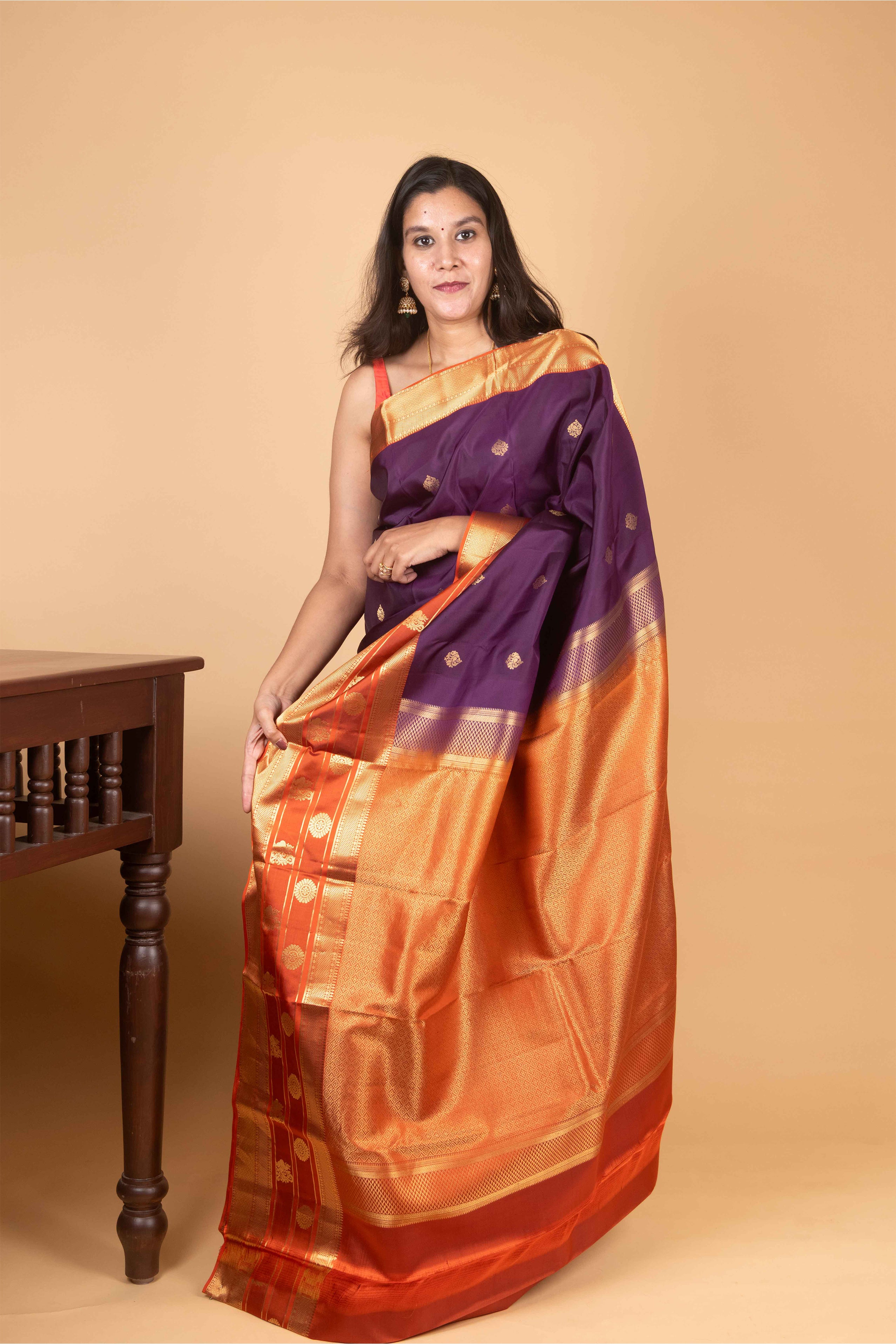 Eggplant Purple and Rust Orange Traditional Pure Kanjivaram Silk Saree