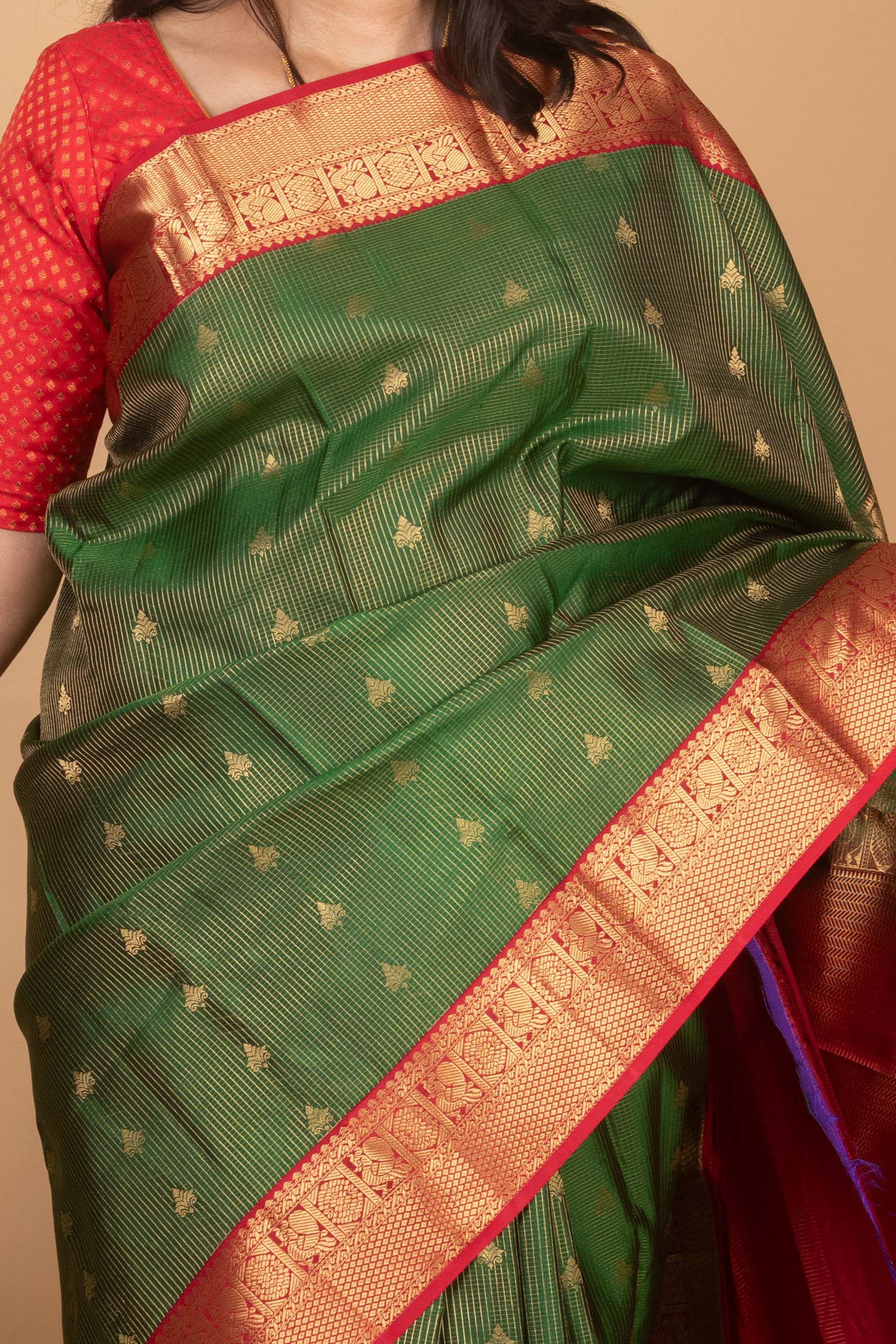 Lincoln Green and Deep Red Jari Checked Pure Kanjivaram Silk Saree