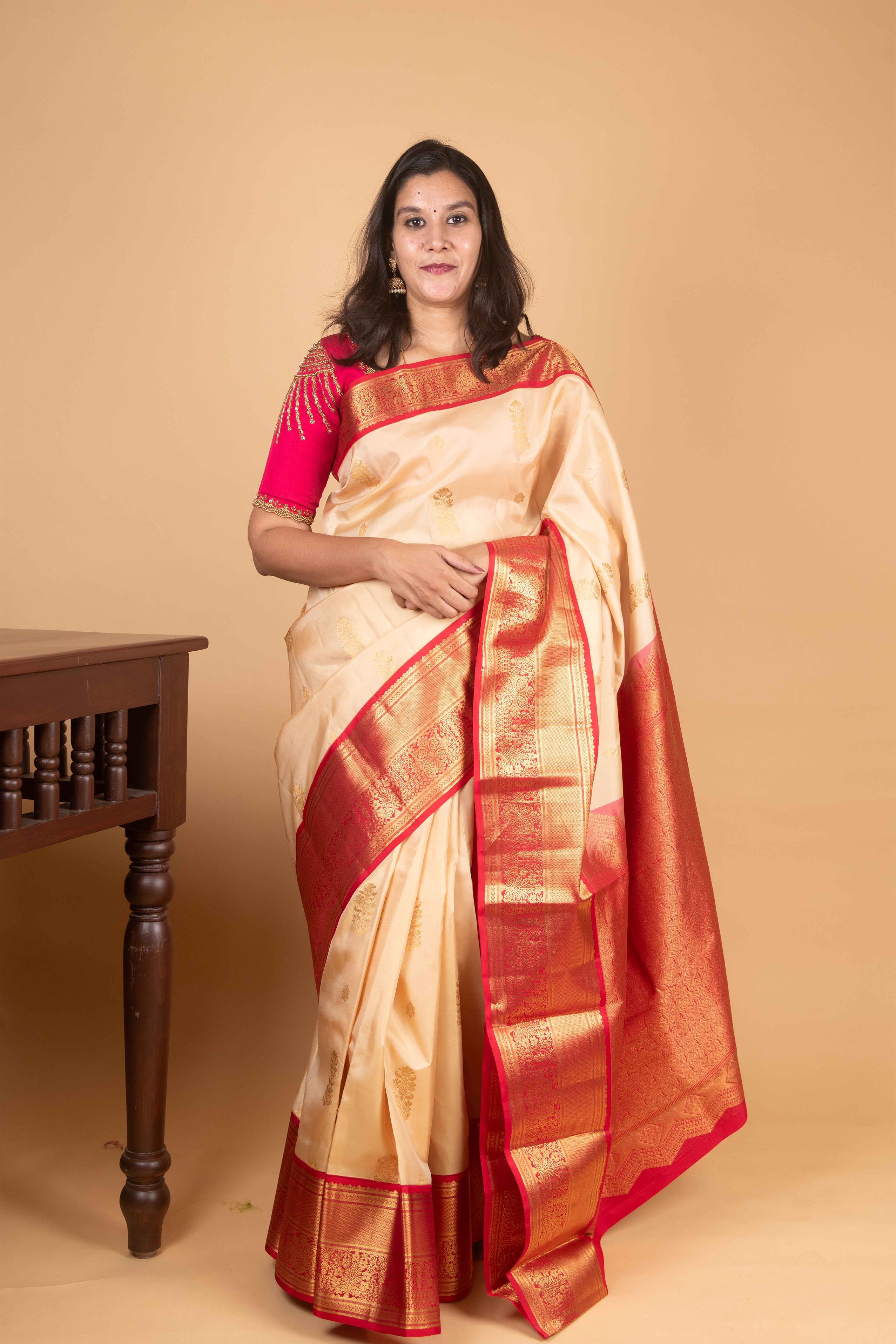 Cosmic Ivory and Cerise Pink Korvai Pure Kanjivaram Silk Saree