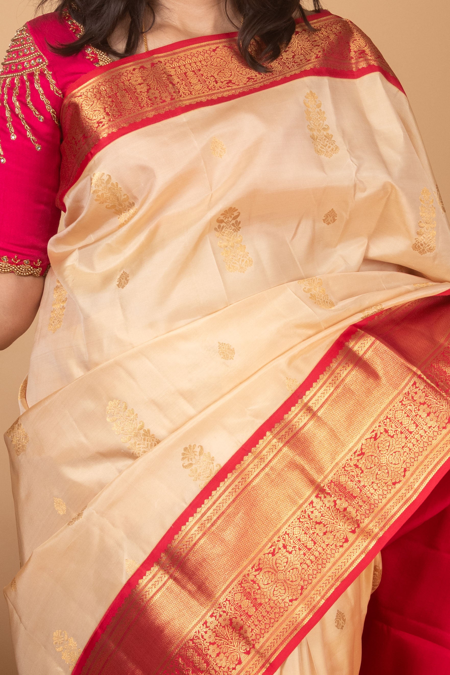 Cosmic Ivory and Cerise Pink Korvai Pure Kanjivaram Silk Saree