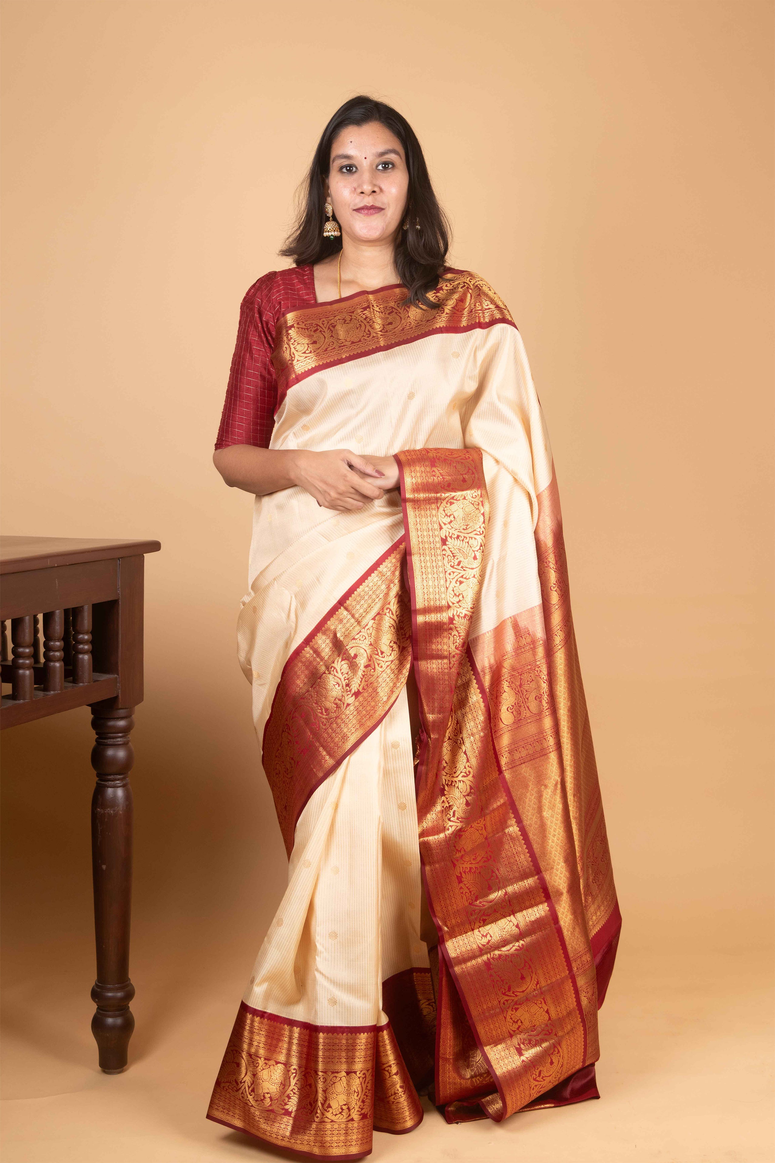 White Chocolate and Maroon Korvai Pure Kanjivaram Silk Saree