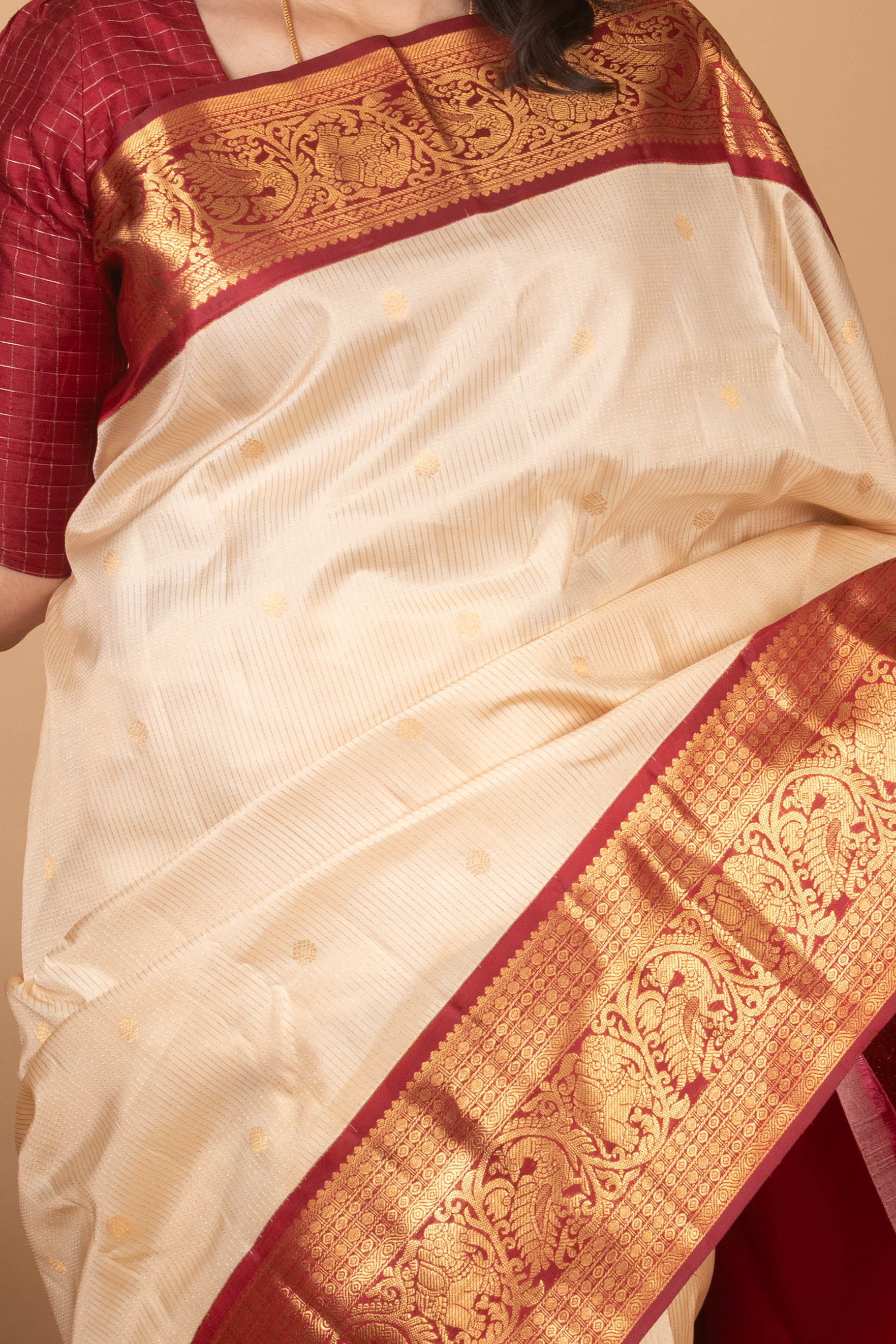 White Chocolate and Maroon Korvai Pure Kanjivaram Silk Saree