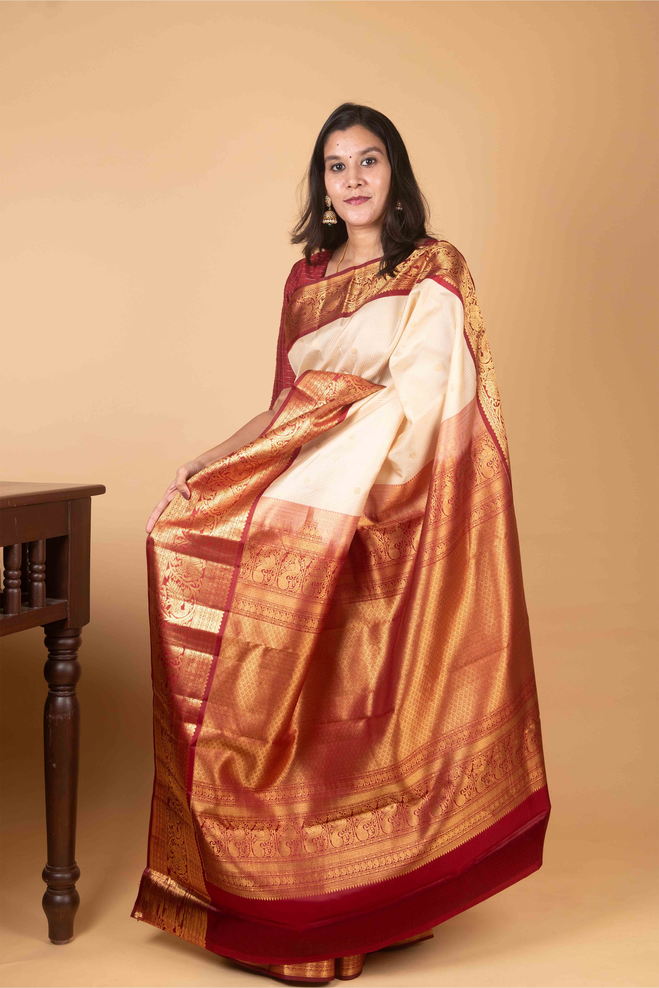White Chocolate and Maroon Korvai Pure Kanjivaram Silk Saree