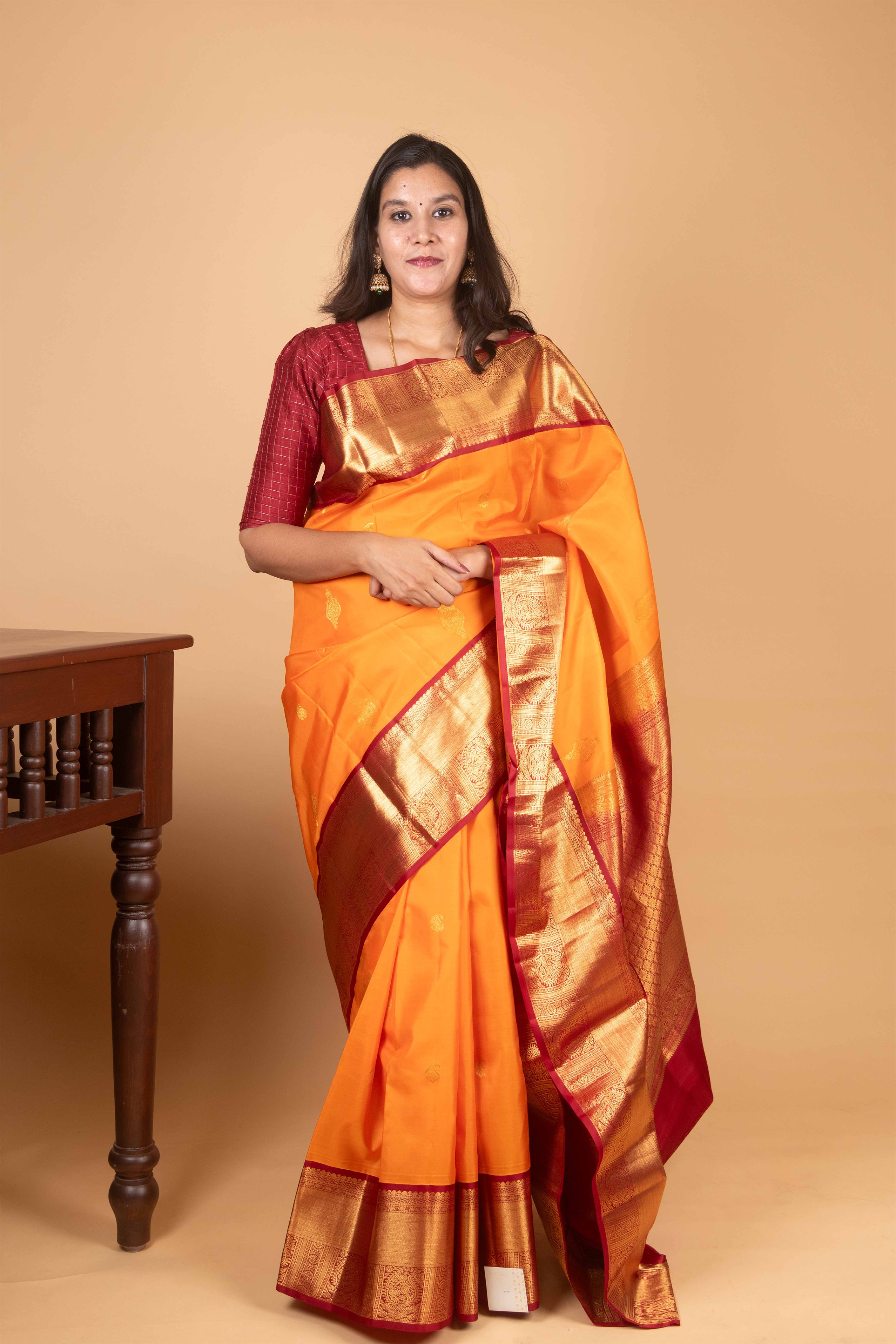Pepper Orange and Maroon Korvai Pure Kanjivaram Silk Saree