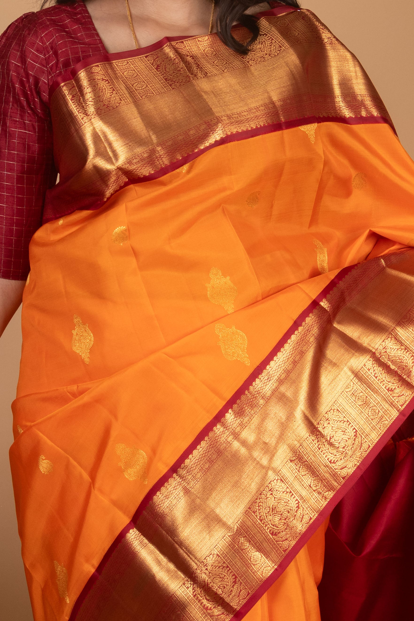 Pepper Orange and Maroon Korvai Pure Kanjivaram Silk Saree