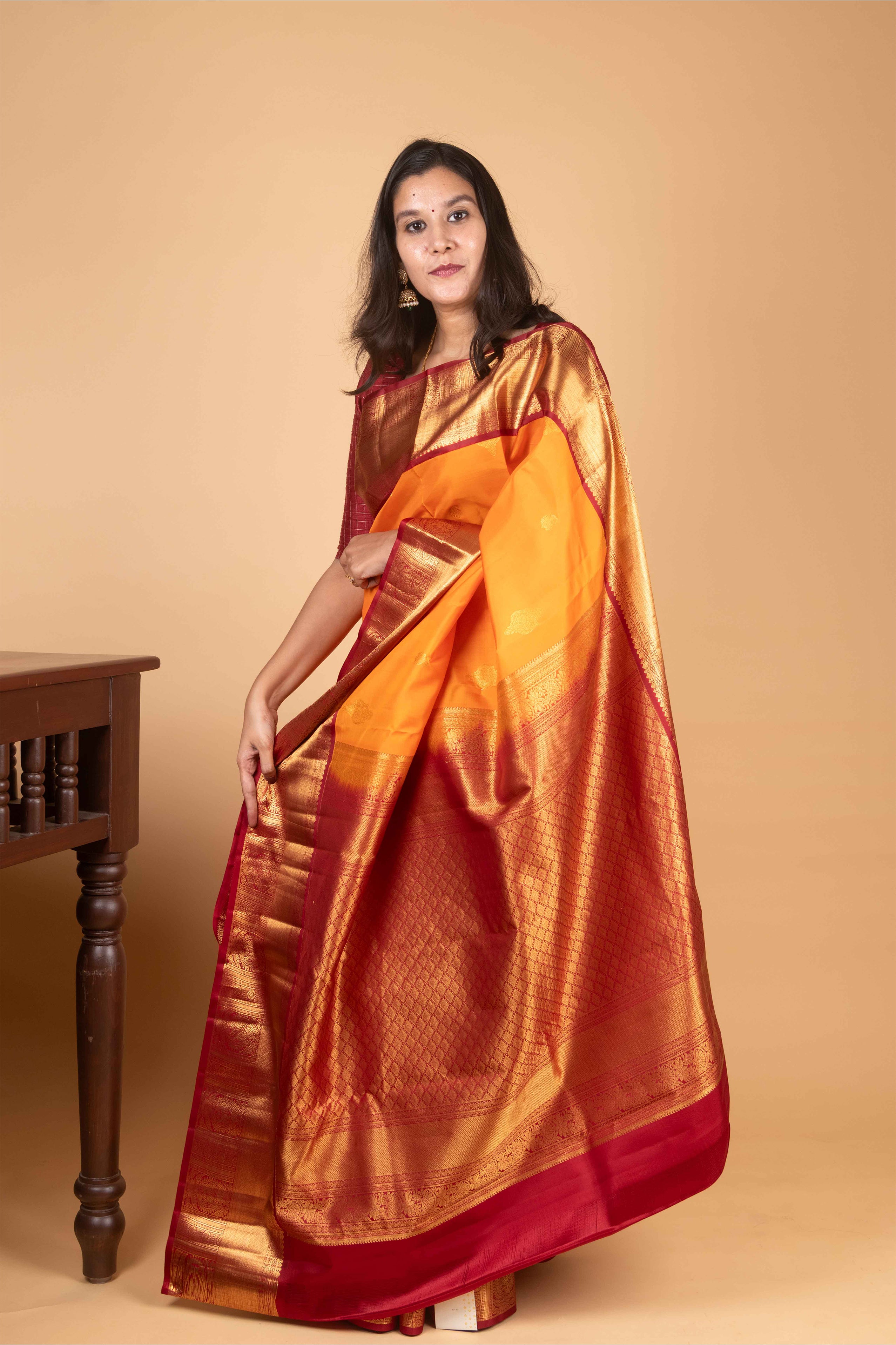 Pepper Orange and Maroon Korvai Pure Kanjivaram Silk Saree
