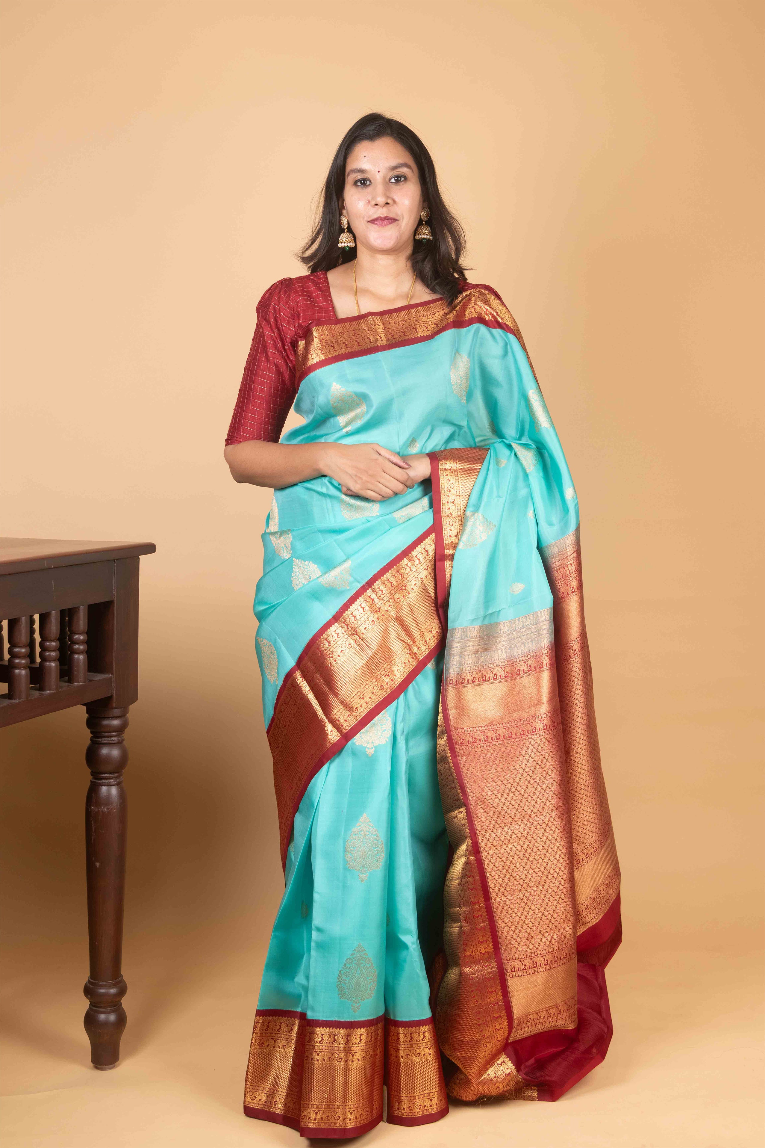 Turquoise and Maroon Korvai Pure Kanjivaram Silk Saree