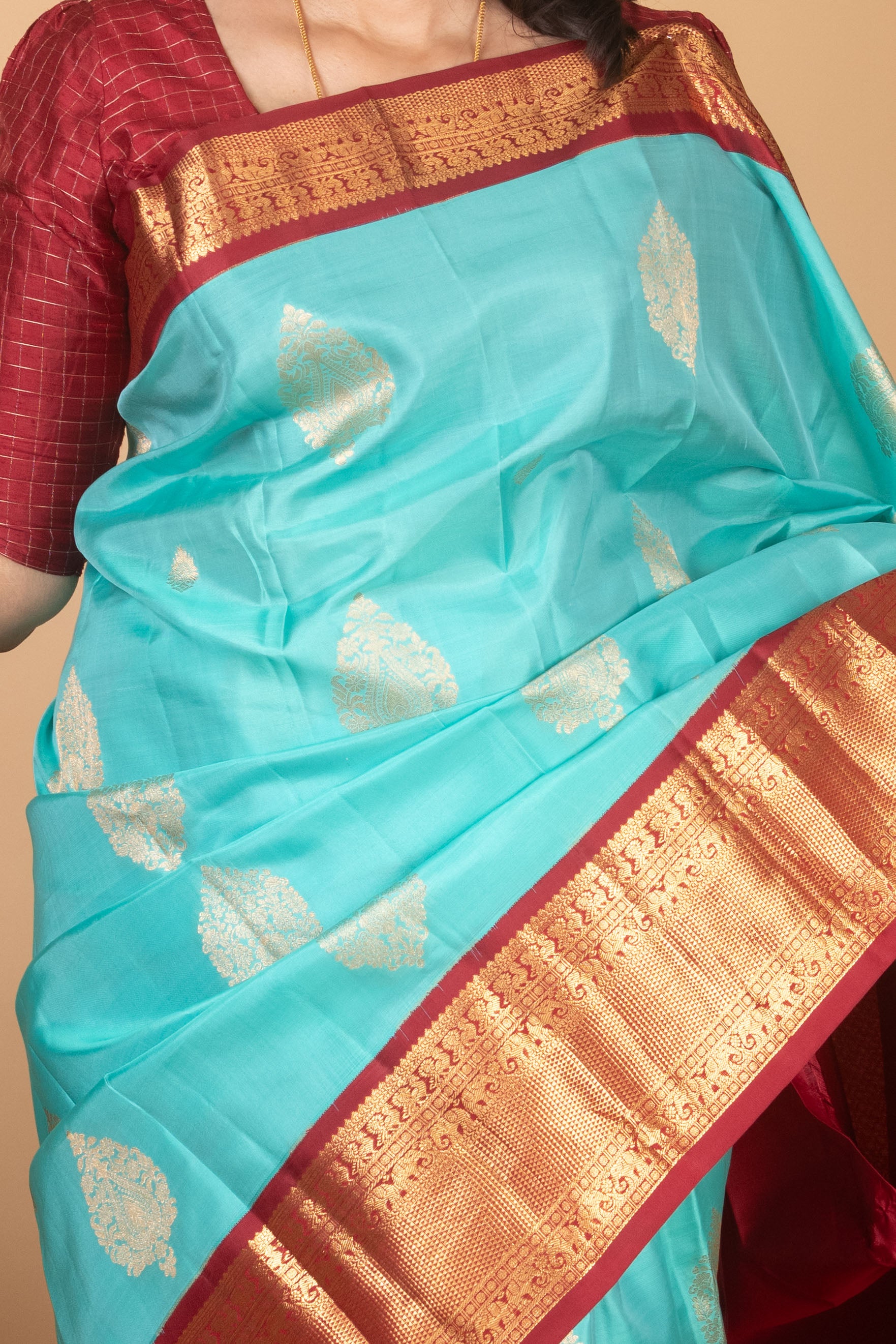 Turquoise and Maroon Korvai Pure Kanjivaram Silk Saree