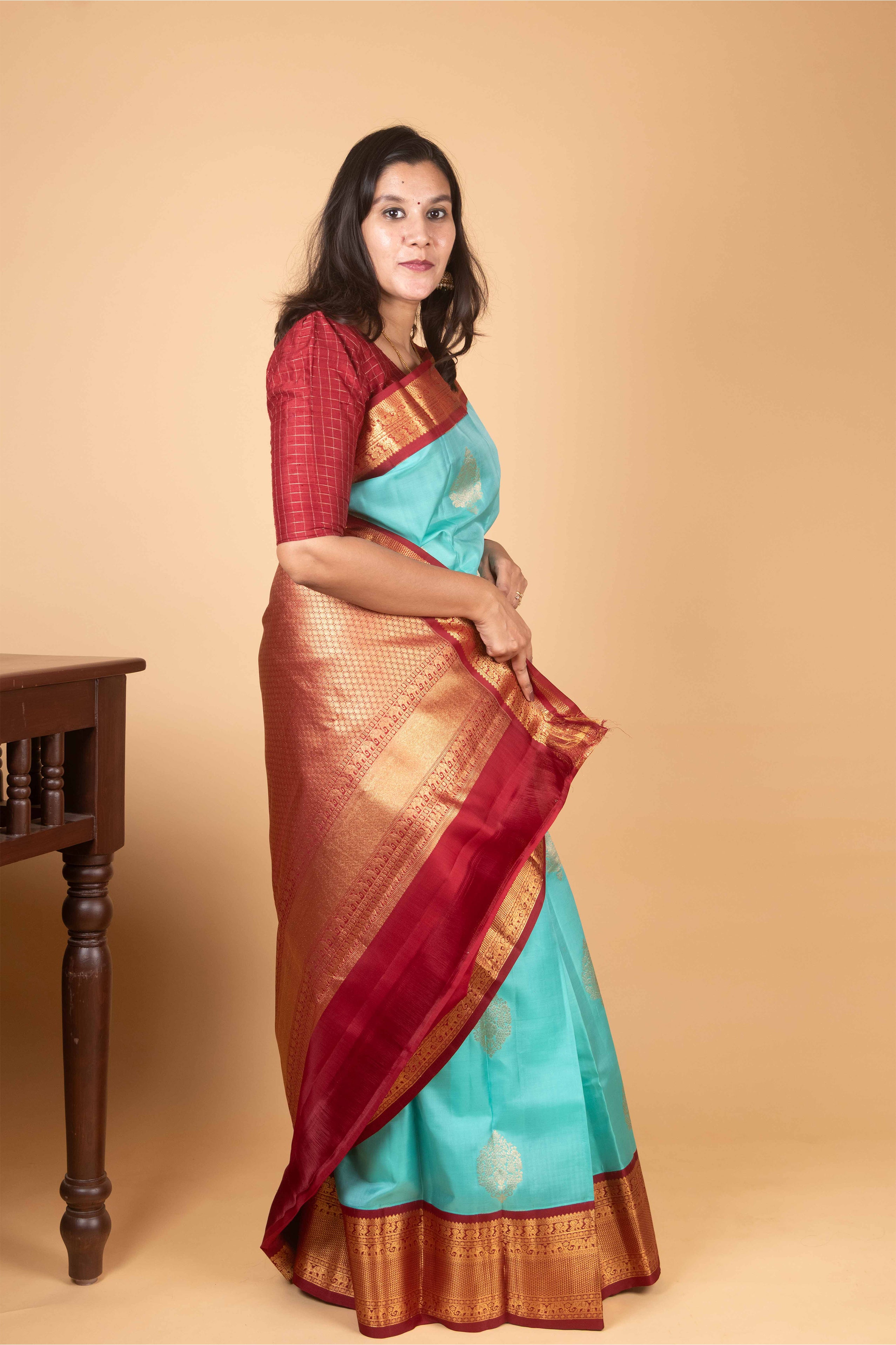 Turquoise and Maroon Korvai Pure Kanjivaram Silk Saree