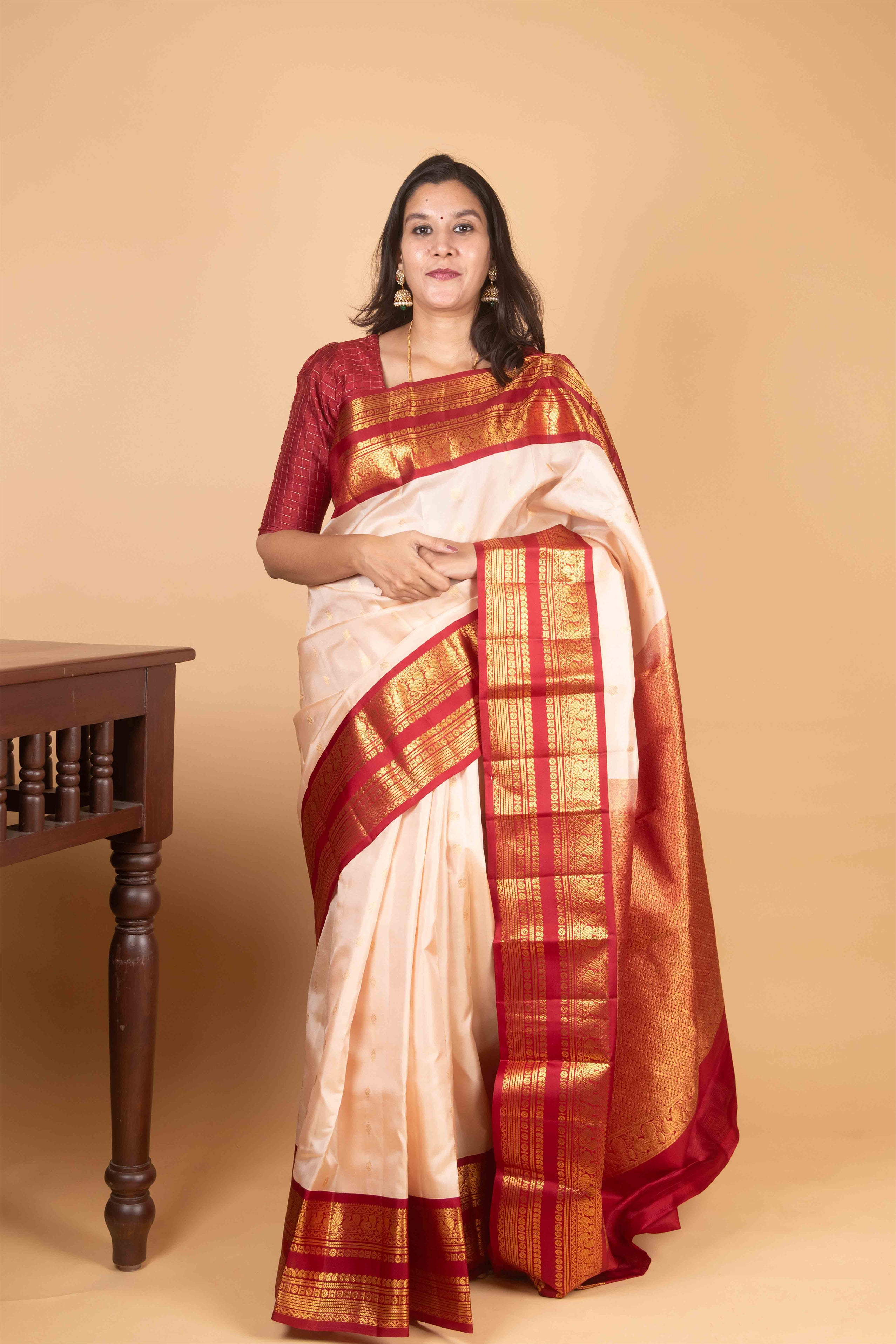 Champagne and Maroon Korvai Pure Kanjivaram Silk Saree