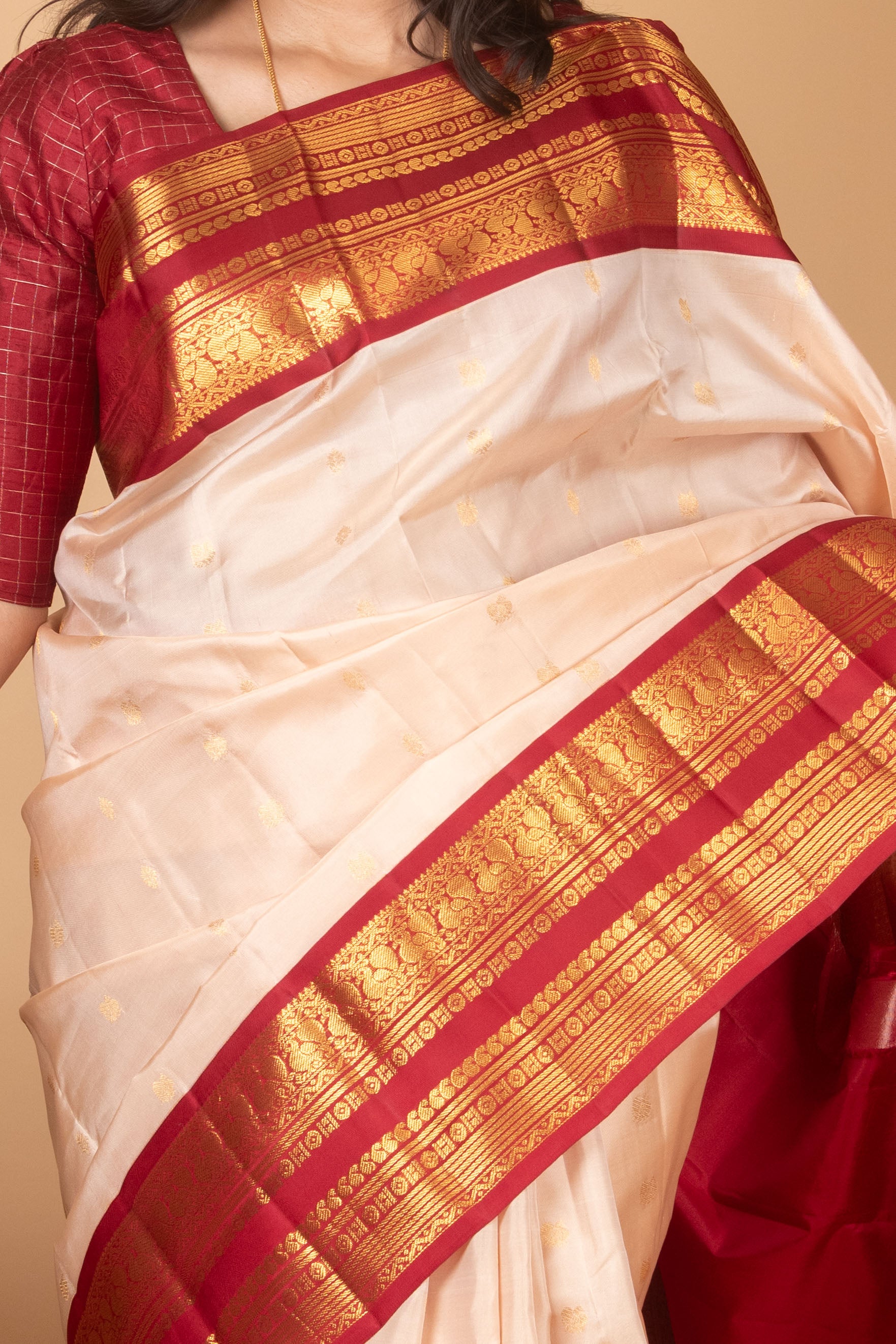 Champagne and Maroon Korvai Pure Kanjivaram Silk Saree