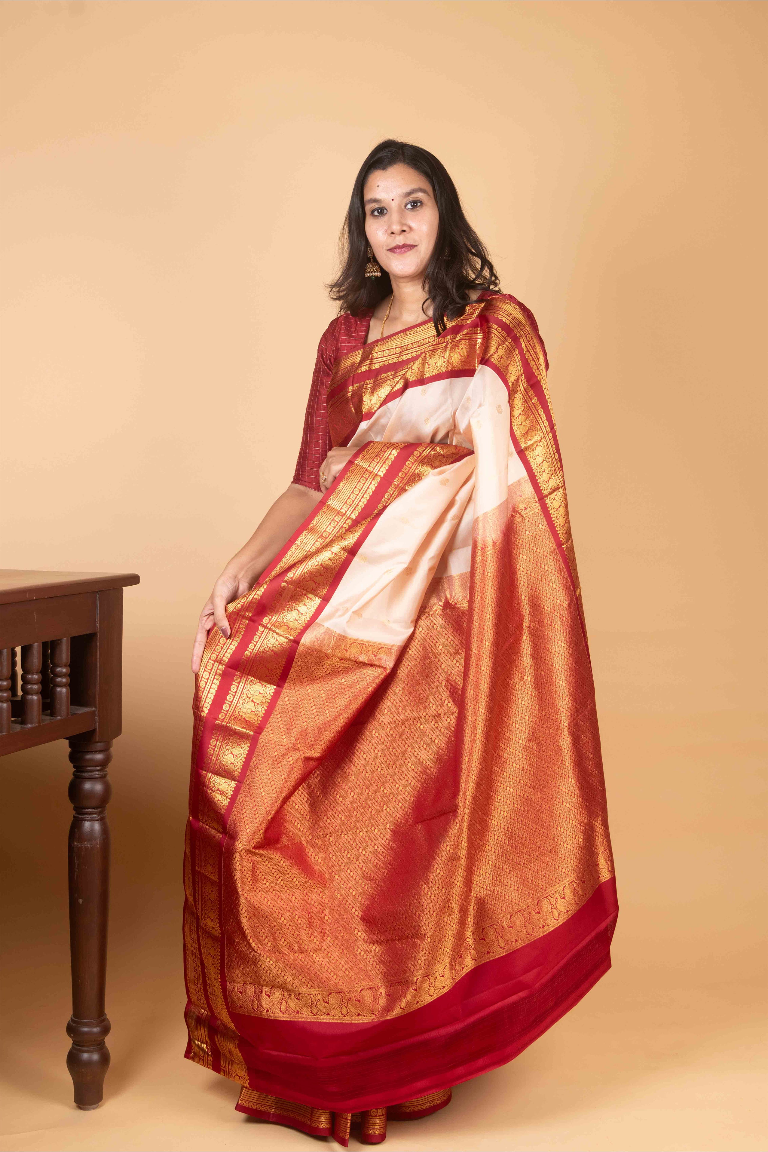 Champagne and Maroon Korvai Pure Kanjivaram Silk Saree