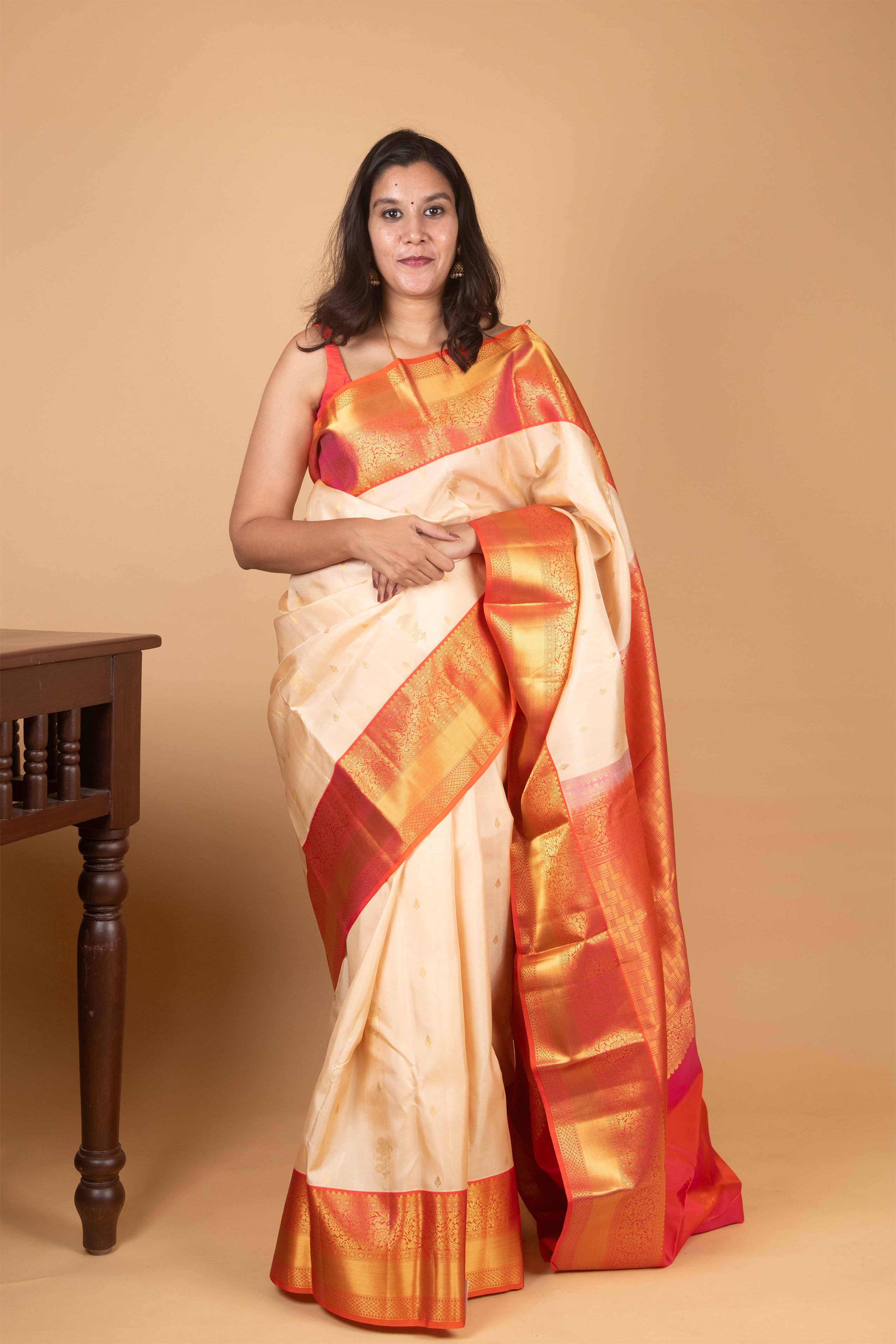 Cornsilk and Safety Orange Korvai Pure Kanjivaram Silk Saree