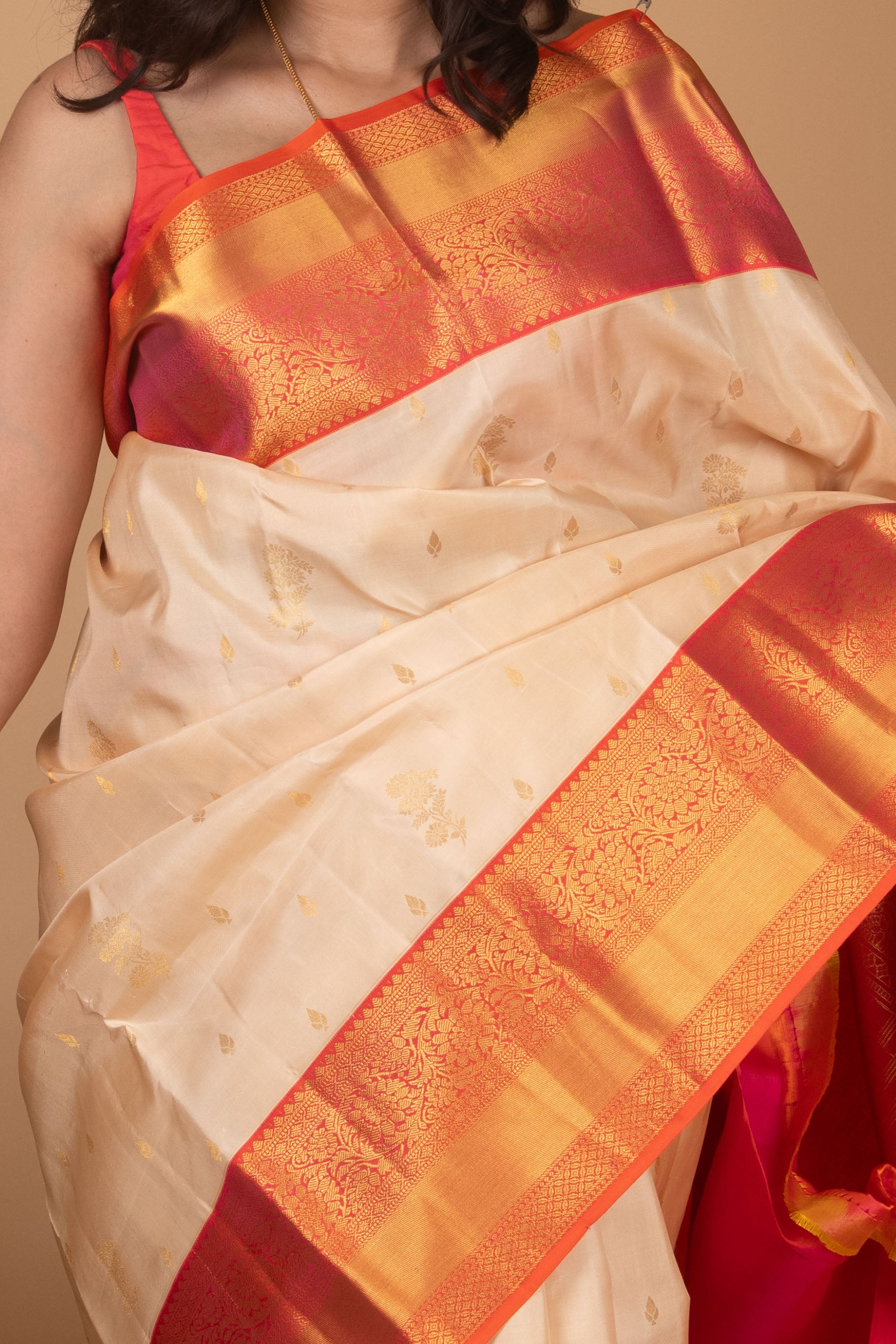 Cornsilk and Safety Orange Korvai Pure Kanjivaram Silk Saree
