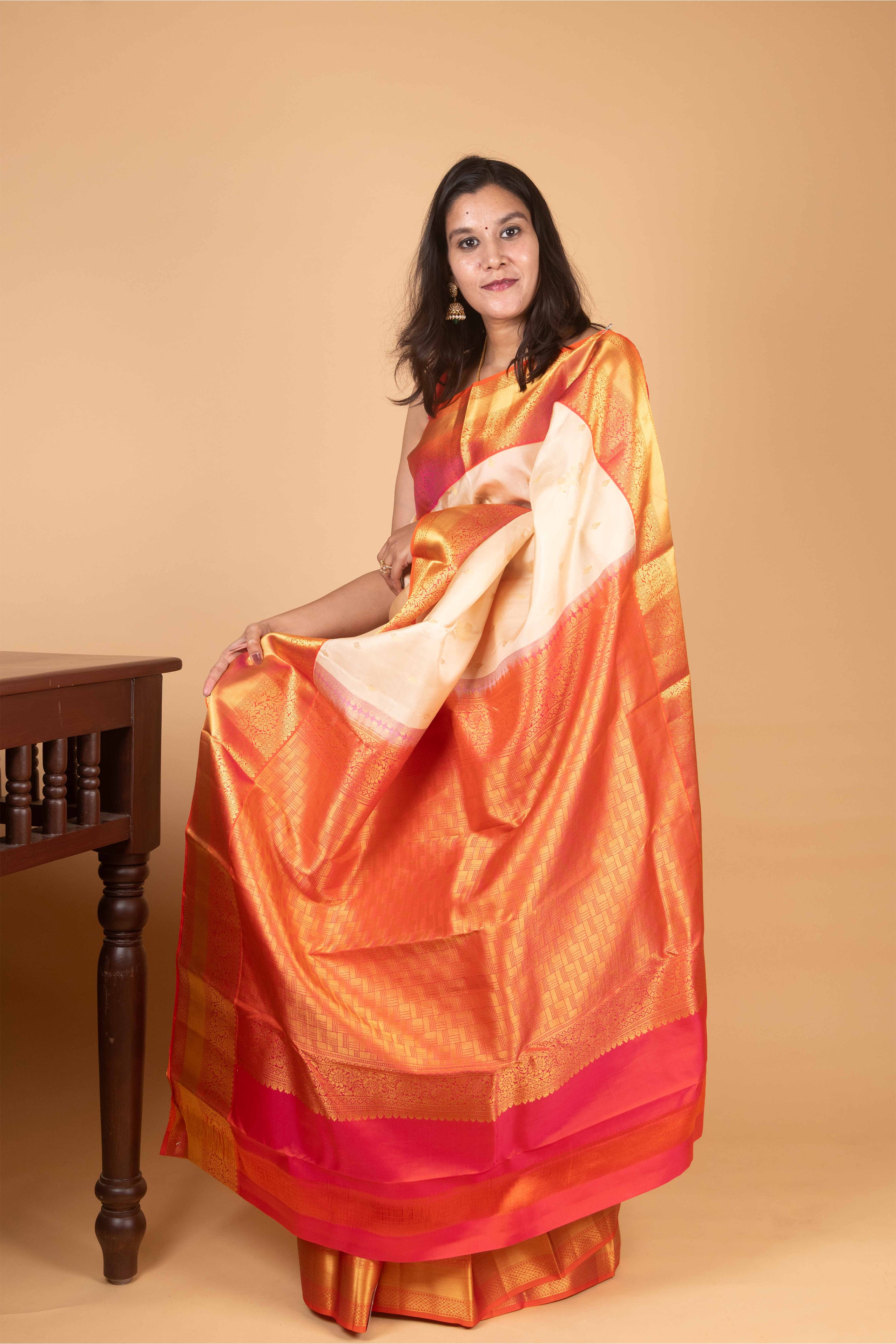 Cornsilk and Safety Orange Korvai Pure Kanjivaram Silk Saree