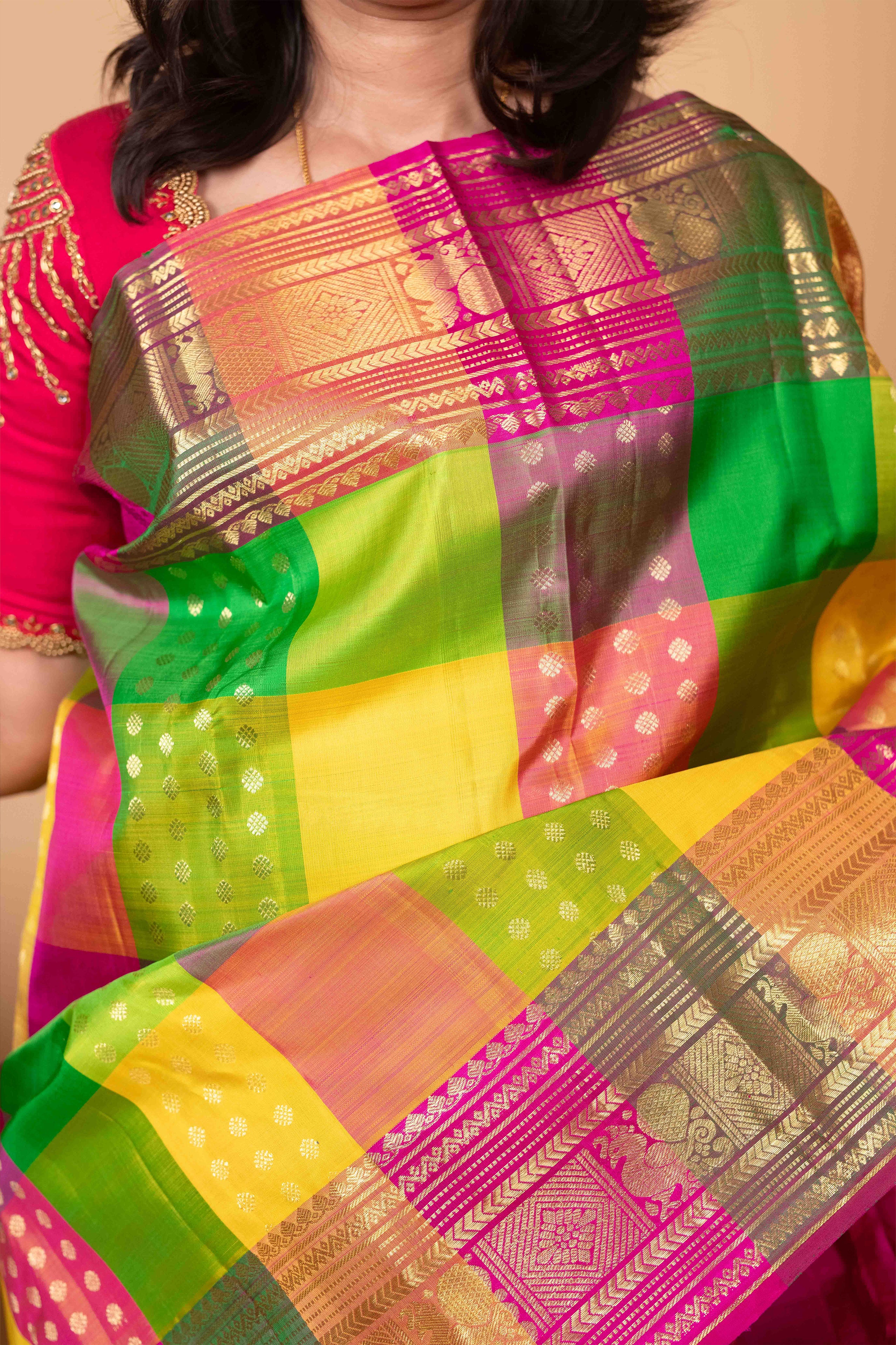Parrot Green and Rani Pink Paalum Pazhamum Pure Kanjivaram Silk Saree