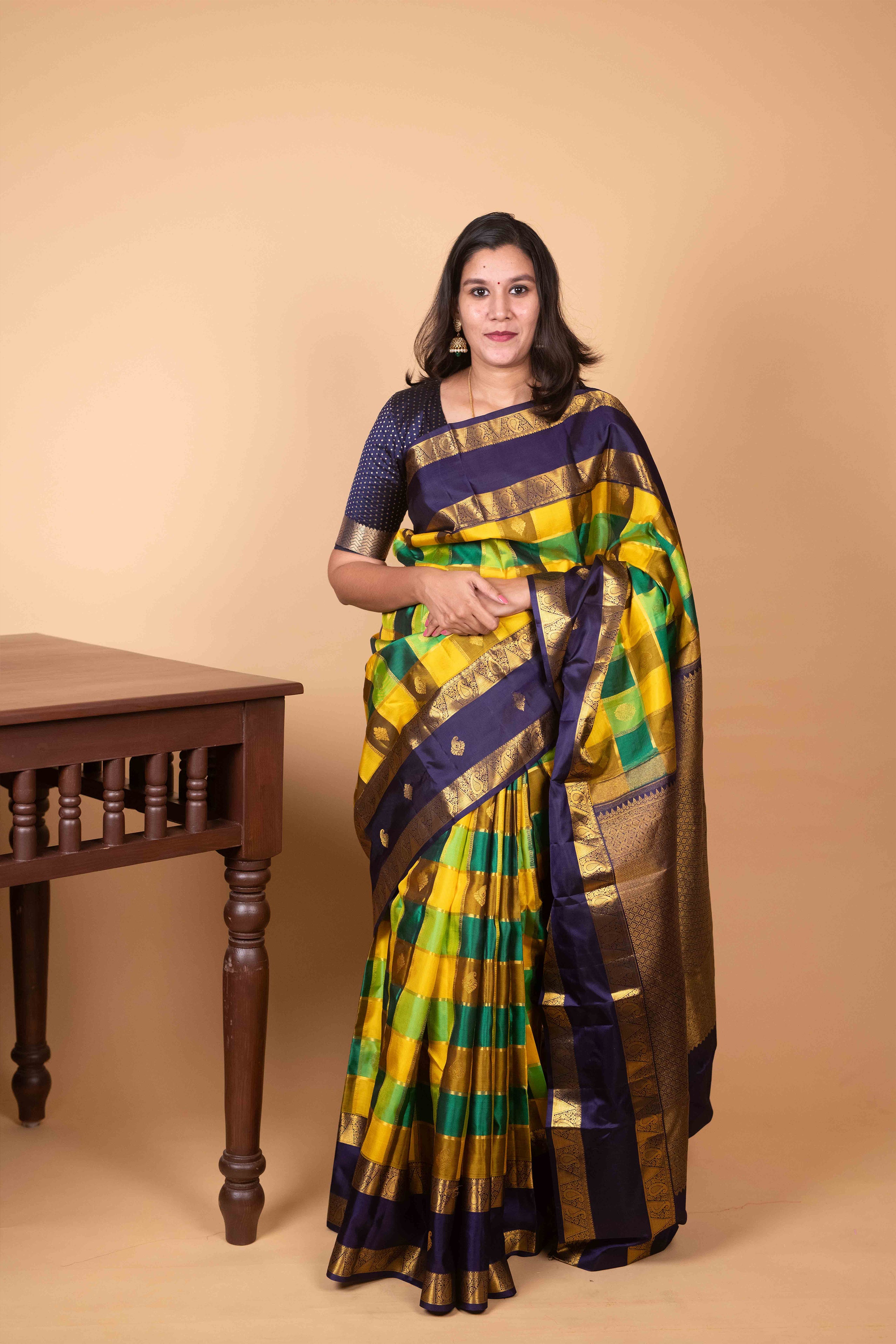 Marigold Yellow and Midnight Violet Paalum Pazhamum Pure Kanjivaram Silk Saree