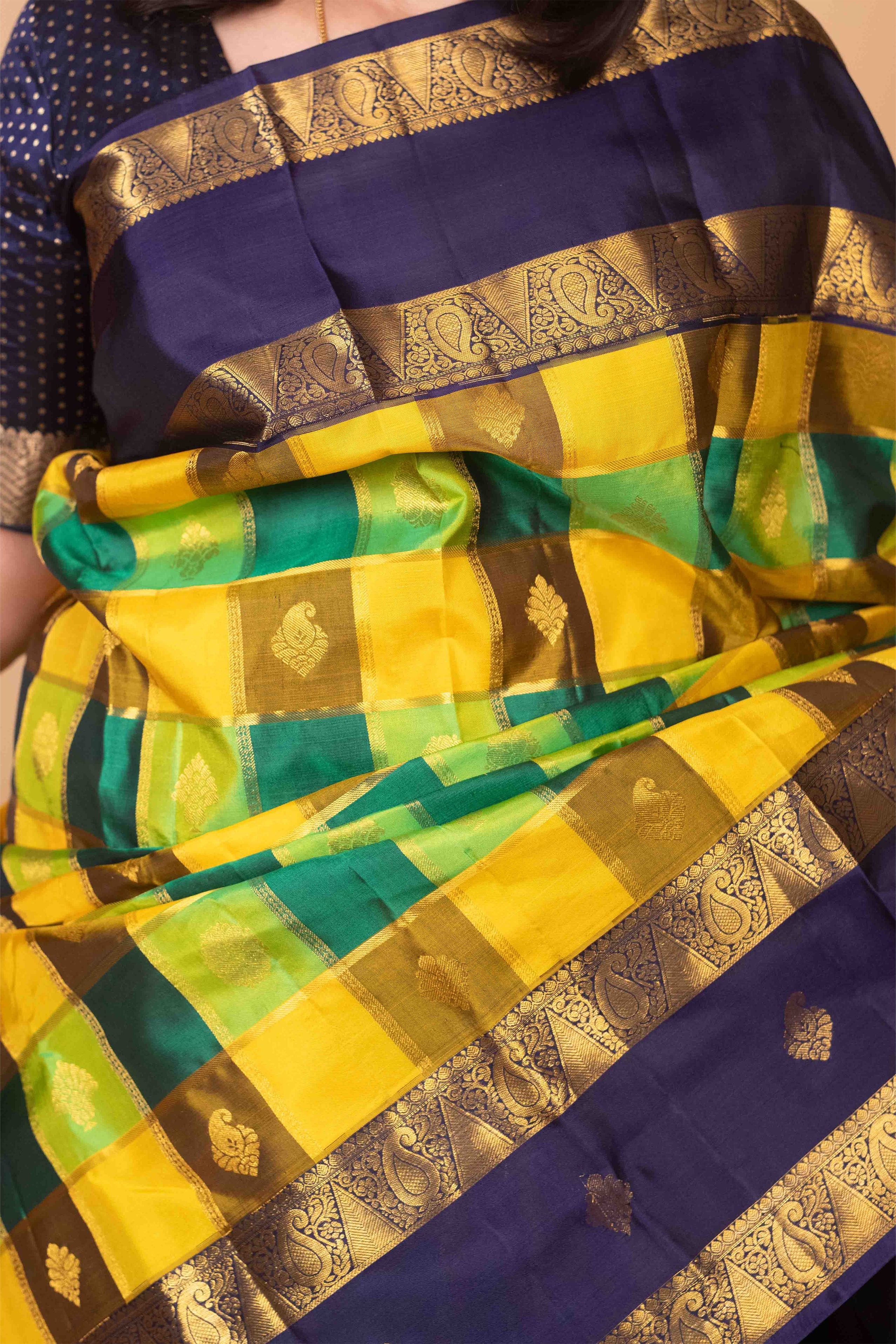 Marigold Yellow and Midnight Violet Paalum Pazhamum Pure Kanjivaram Silk Saree