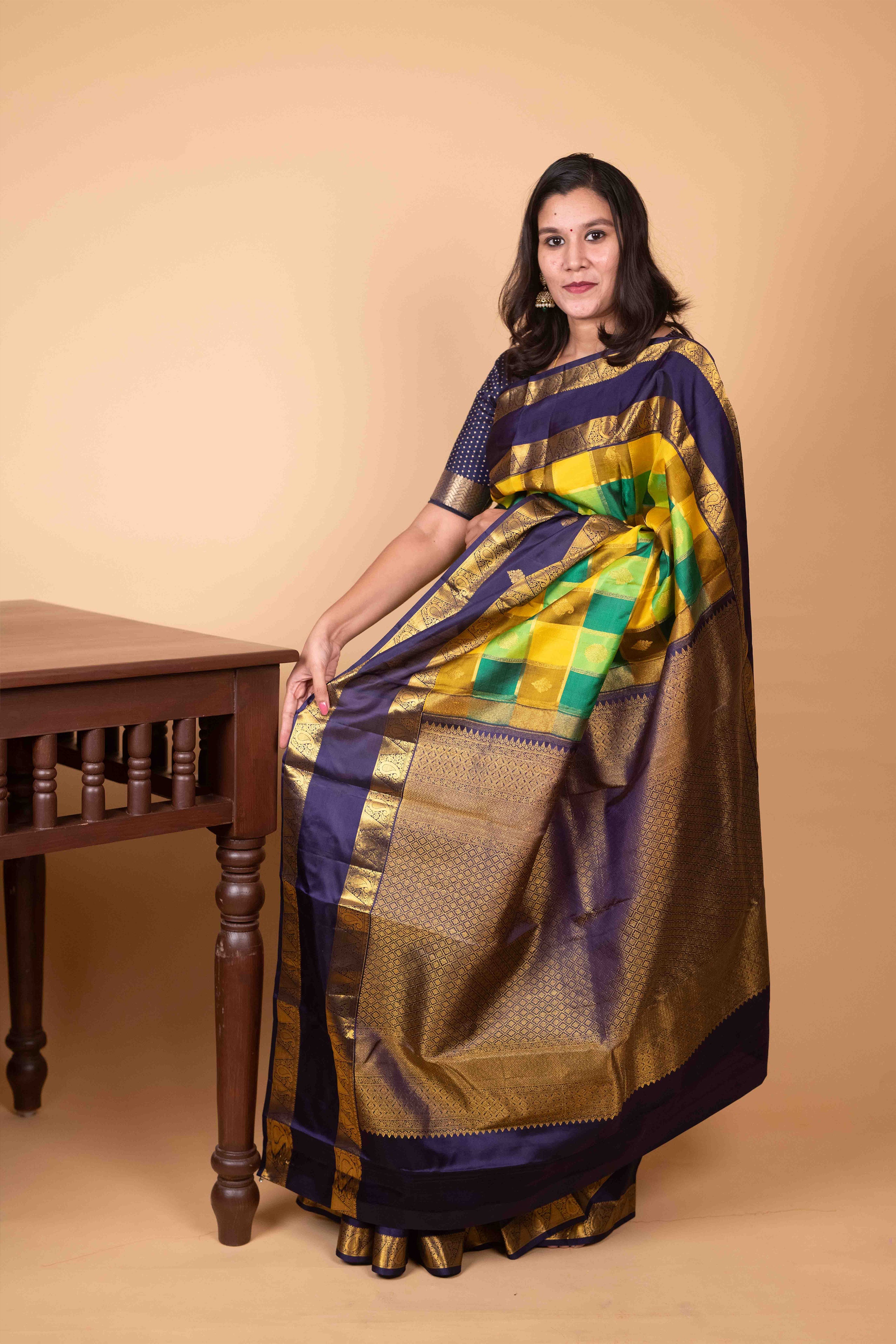 Marigold Yellow and Midnight Violet Paalum Pazhamum Pure Kanjivaram Silk Saree