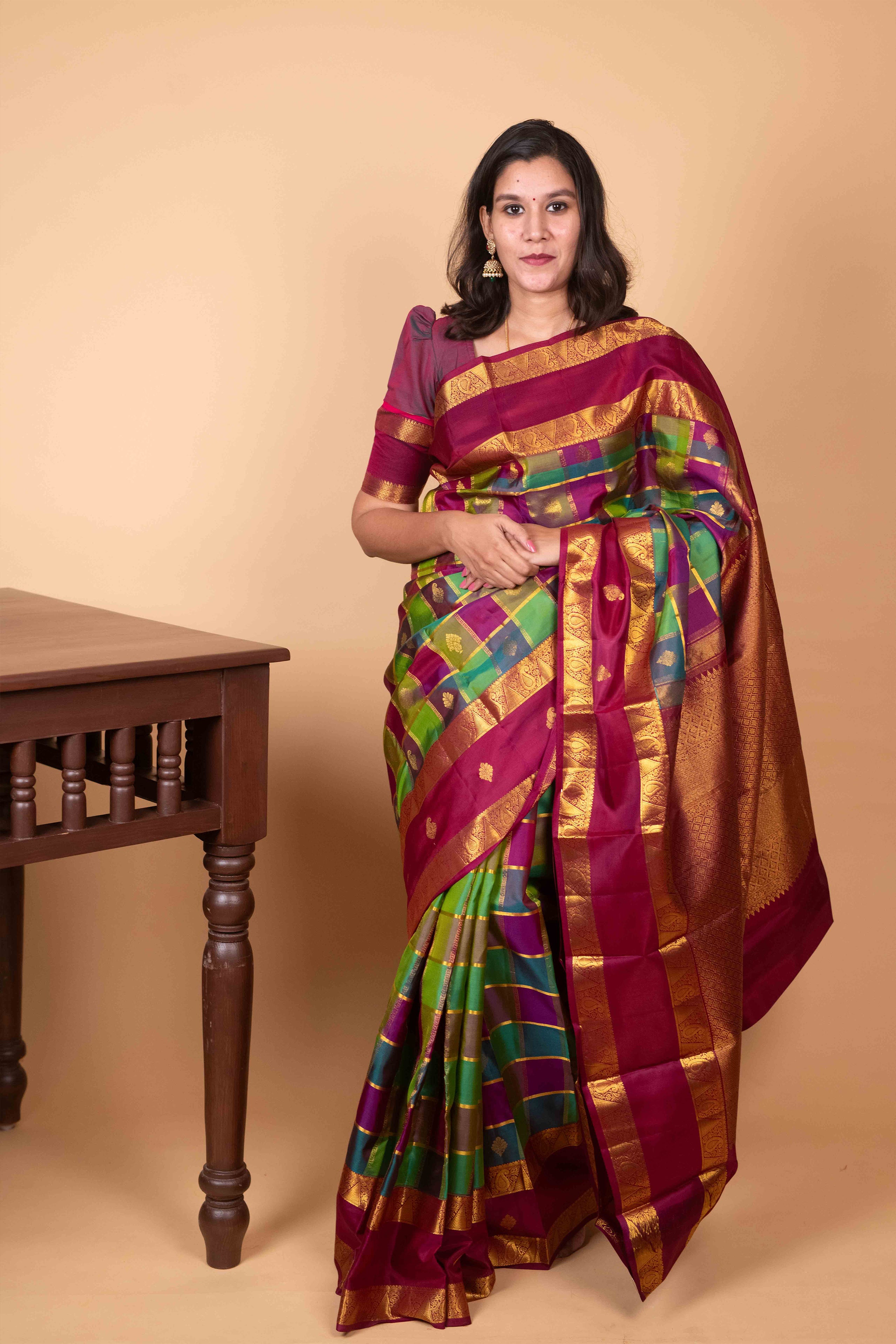 Green and Grape Purple Paalum Pazhamum Pure Kanjivaram Silk Saree