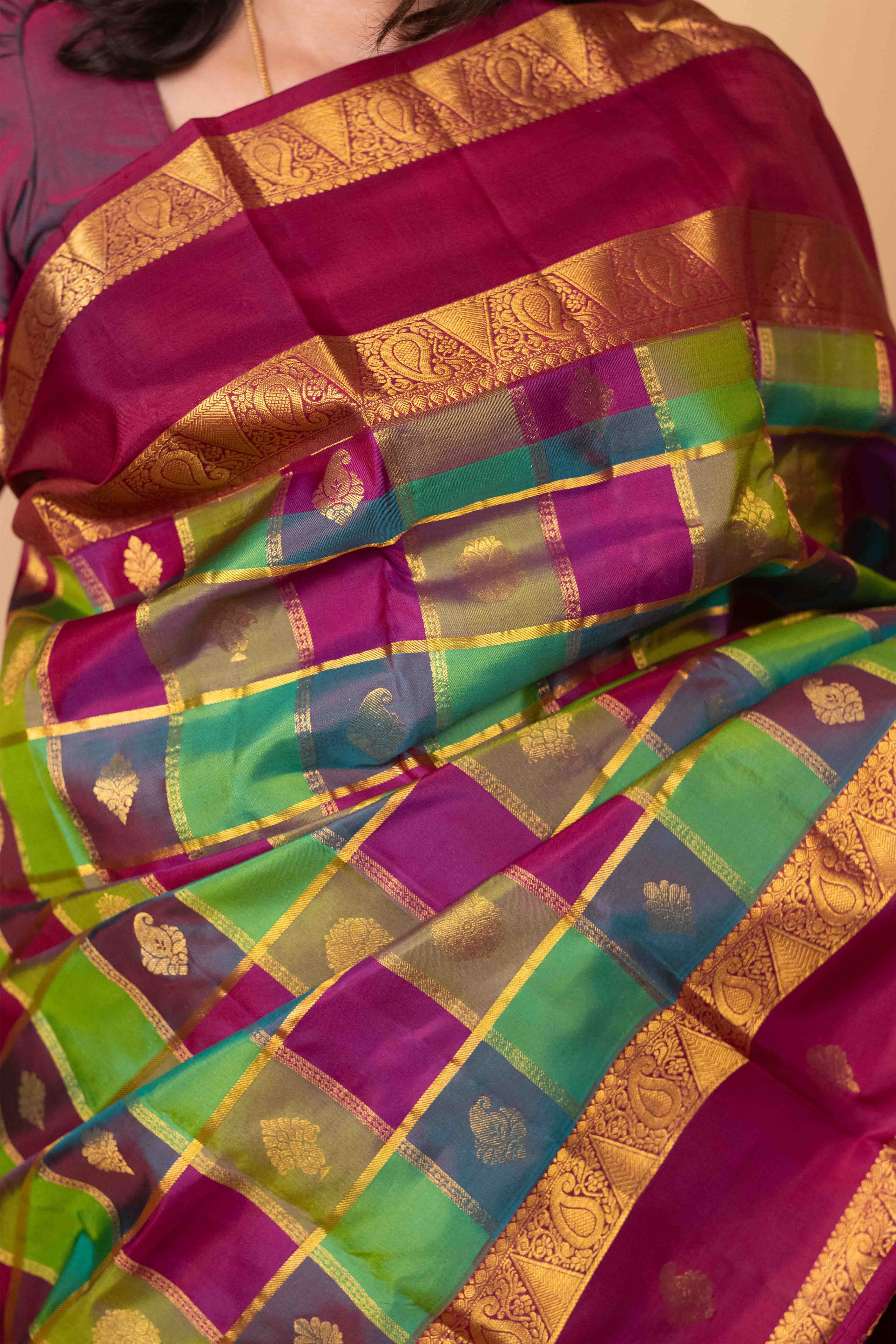 Green and Grape Purple Paalum Pazhamum Pure Kanjivaram Silk Saree