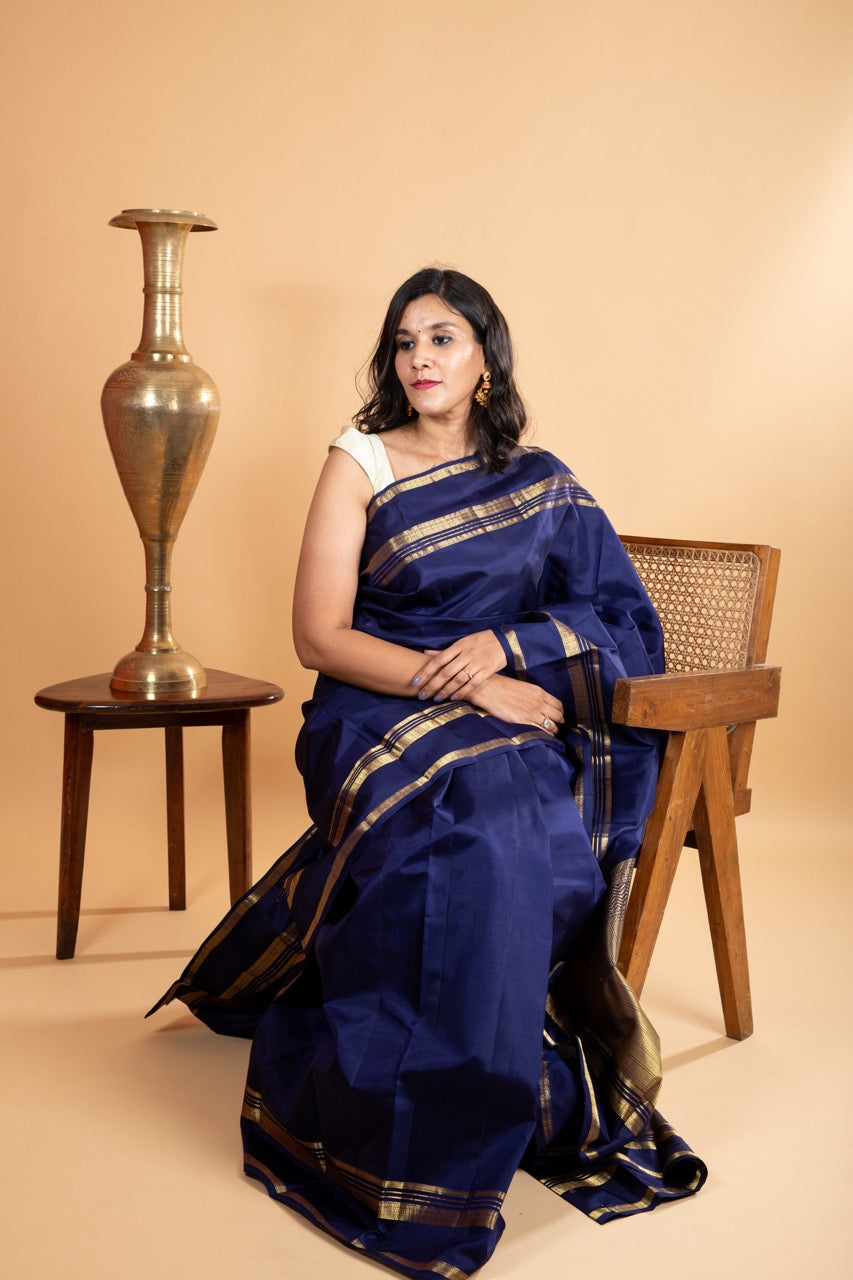 Navy blue plain silk saree