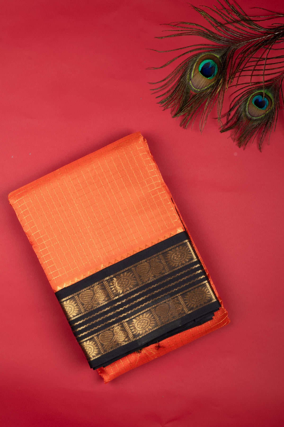 Orange And Black Silk Cotton Saree