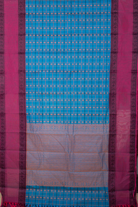 Blue And Pink Retta Pettu Kanchi Cotton Saree