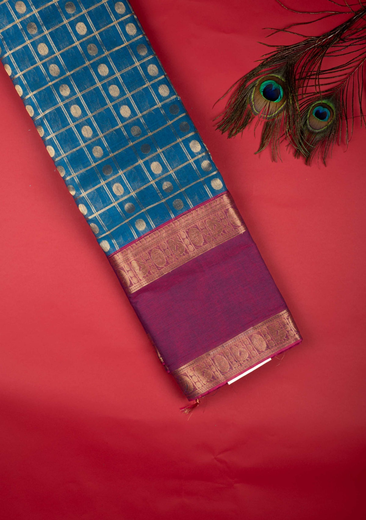 Peacock Blue And Wine Purple Kanchi Cotton Saree