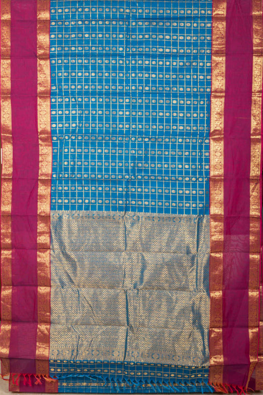 Peacock Blue And Wine Purple Kanchi Cotton Saree