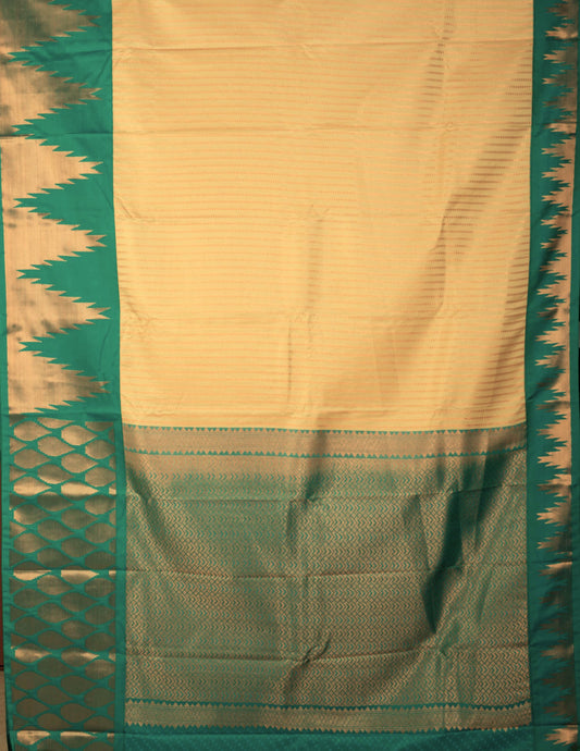 Off-white And Green Temple Border Semi Silk Saree