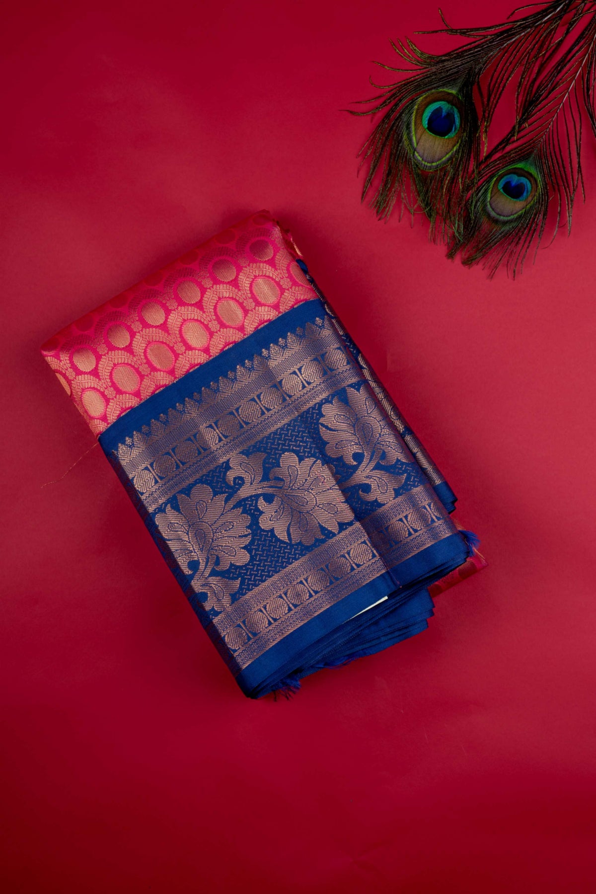 Pink And Navyblue Brocade Semi Silk Saree