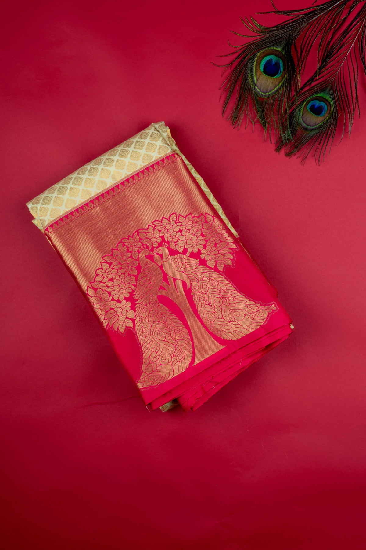 Cream And Pink Designer Semi Silk Saree