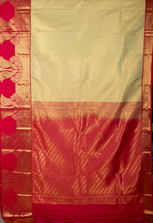 Cream And Pink Designer Semi Silk Saree