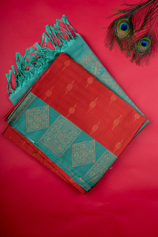 Rust Orange And Pastel Green Soft Silk Saree