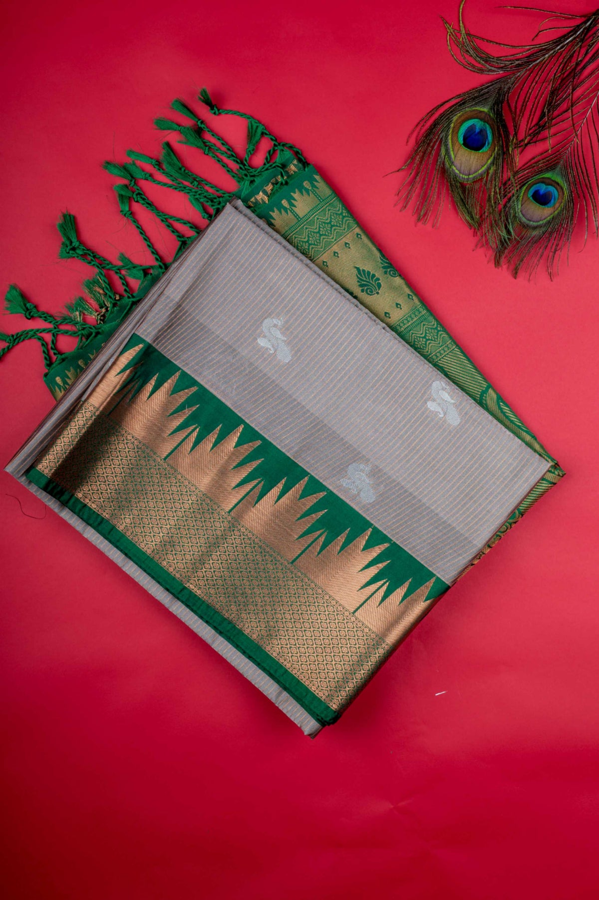 Grey And Green Soft Silk Saree