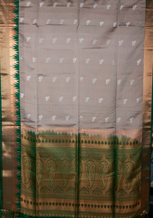 Grey And Green Soft Silk Saree