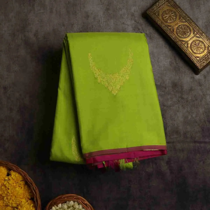 Parrot Green Silk Saree with Pink Blouse