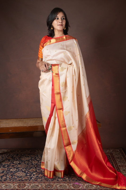 Beige and Peach Pure Silk Saree