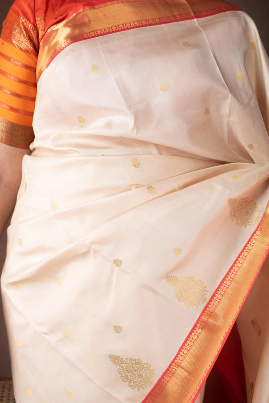 Beige and Peach Pure Silk Saree