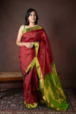 Green and red small border silk saree