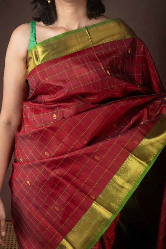 Green and red small border silk saree