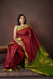 Green and red small border silk saree